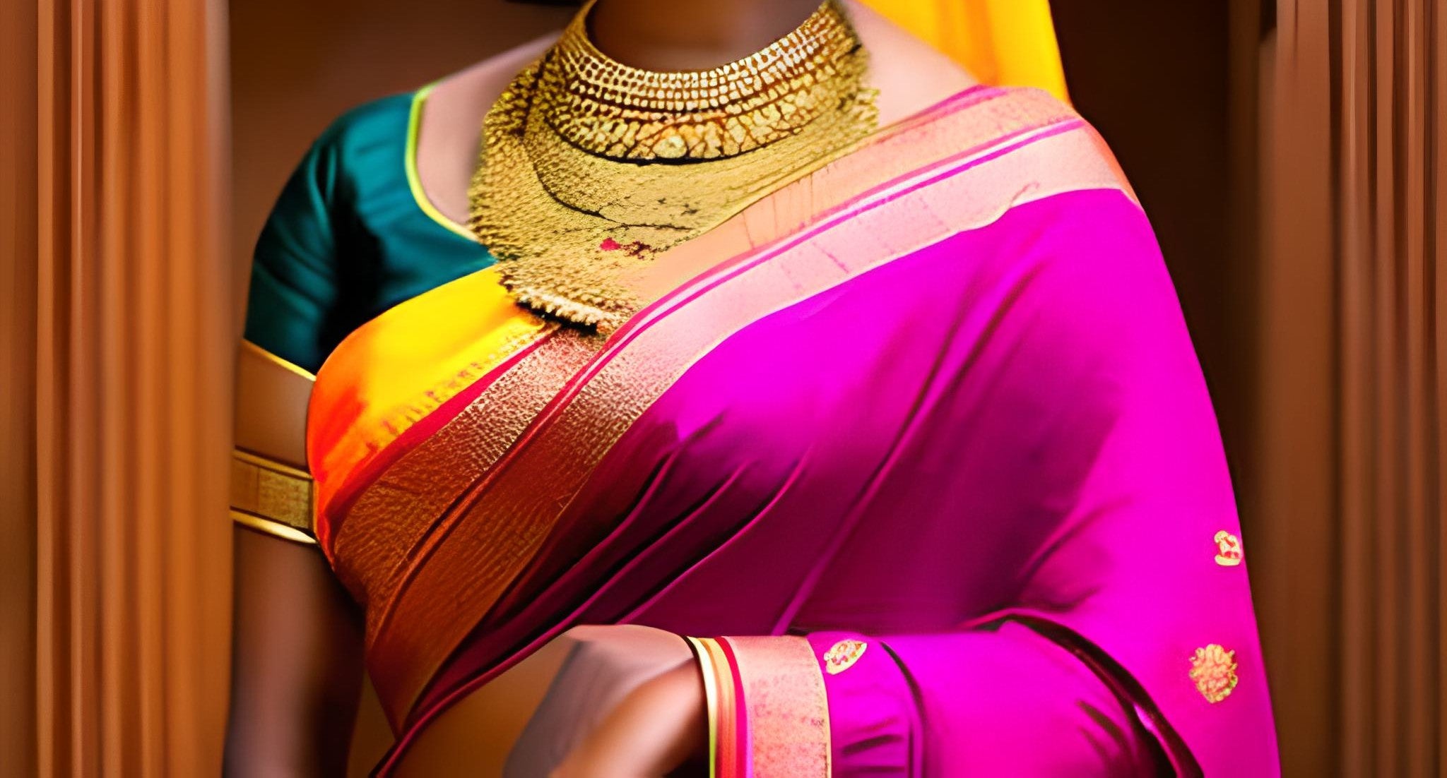 a woman wearing soft silk sarees with detailed and vibrant colours