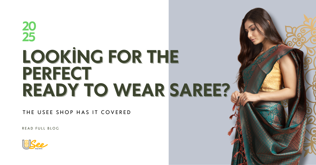 Woman wearing a saree with text for The Usee Shop on a white background