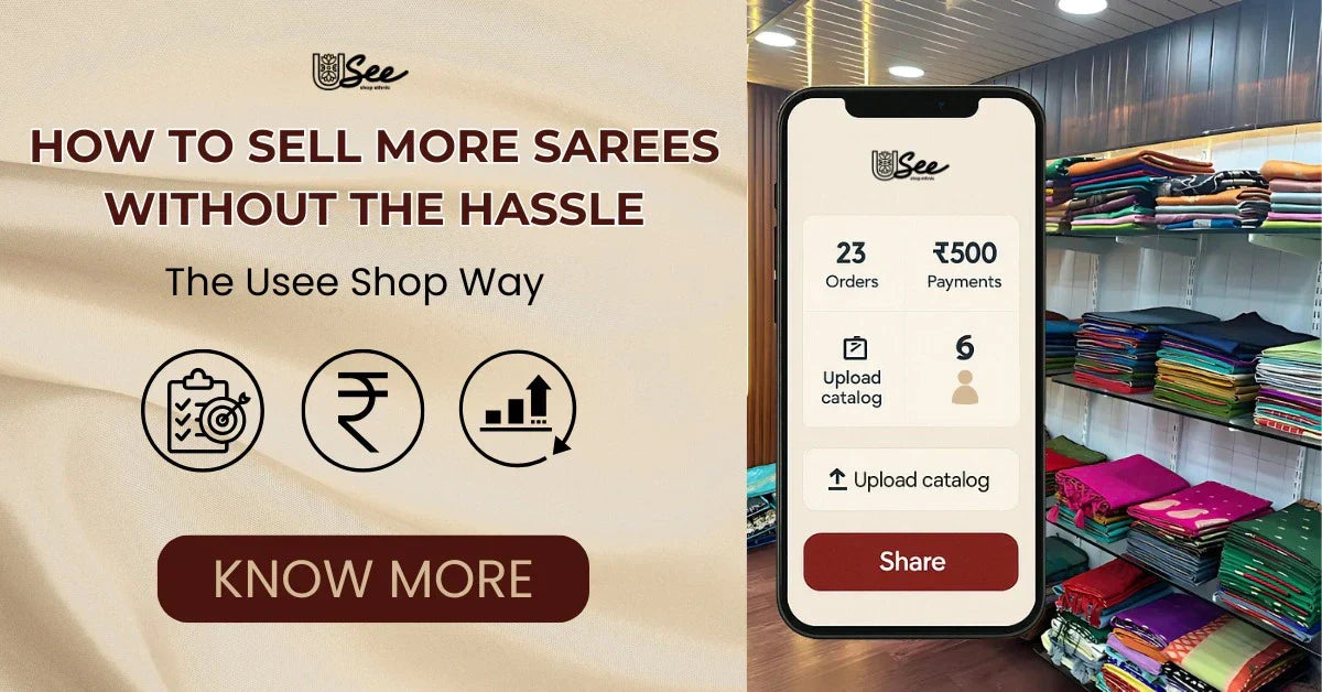 The Usee Shop app interface showcasing easy saree selling with order and payment stats, set against a saree store background.