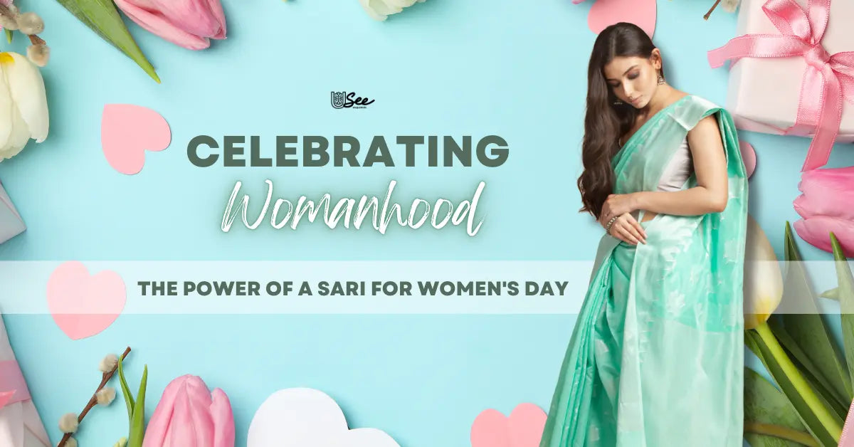Woman in a green sari celebrating Women's Day with flowers and gifts in the background.