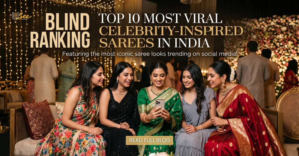 Women in stylish sarees at a wedding event featured in a blog banner about the top 10 most viral celebrity-inspired sarees in India.