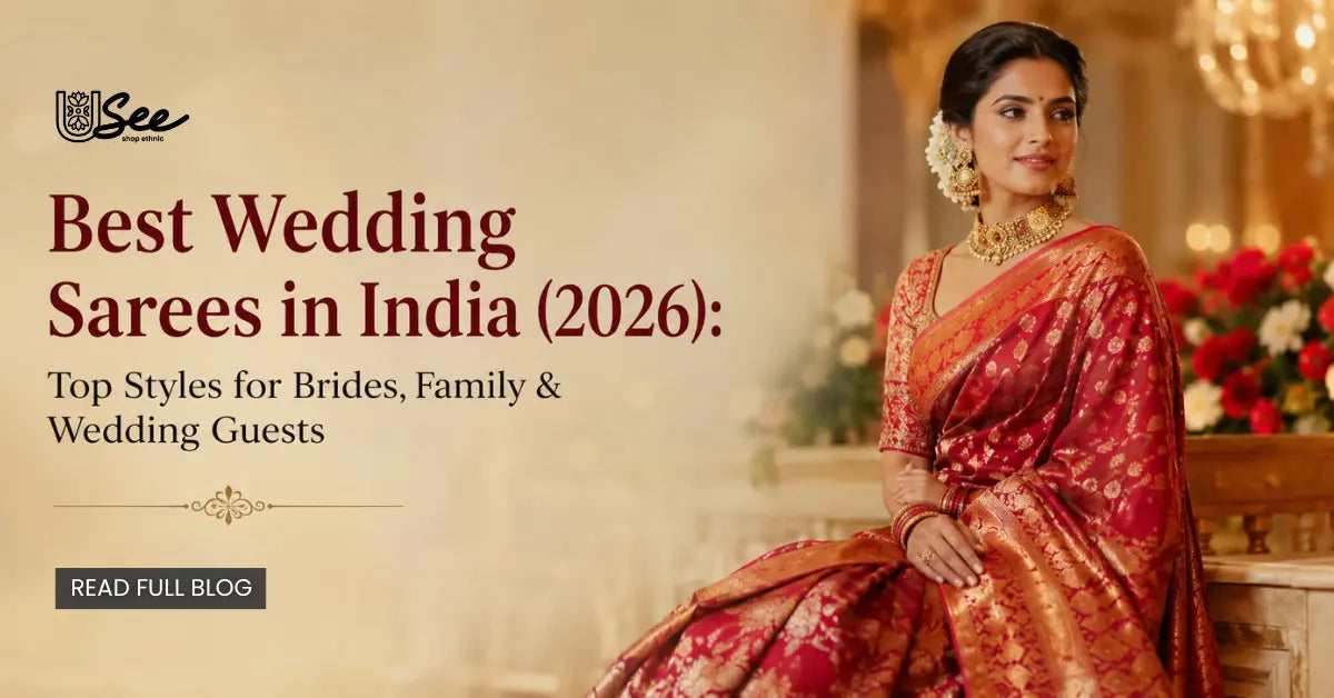 Bride in a red Banarasi saree with gold jewelry promoting the "Best Wedding Sarees in India (2026)" blog.