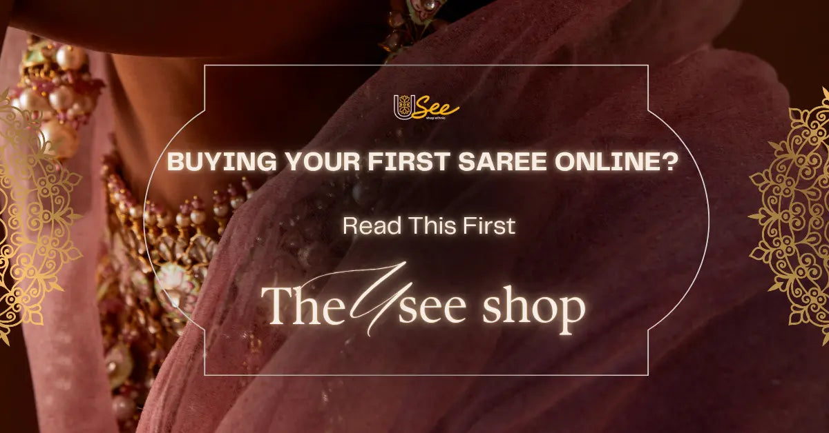 Featured image for blog on buying your first saree online, showing The Usee Shop branding and a close-up of a woman in a pink saree with traditional jewelry