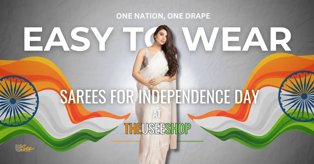 Featured image showing a woman in a ready-to-wear saree by The Usee Shop with tricolour accents
