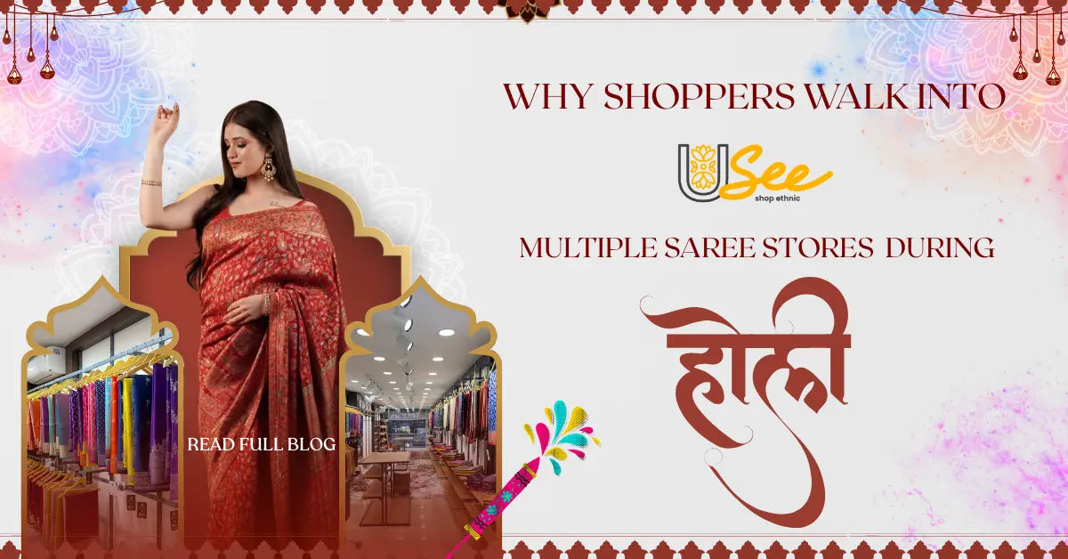 Woman in red Banarasi saree at The Usee Shop with store interior, highlighting why shoppers visit multiple The Usee Shop saree stores during Holi.