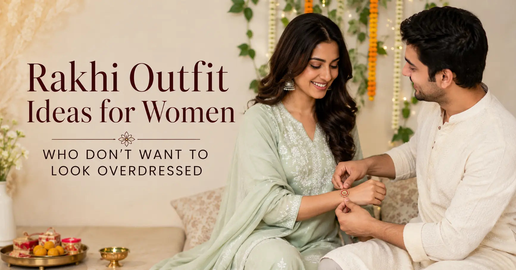 Raksha Bandhan outfit idea featuring a woman in a pastel green traditional suit tying rakhi with her brother.