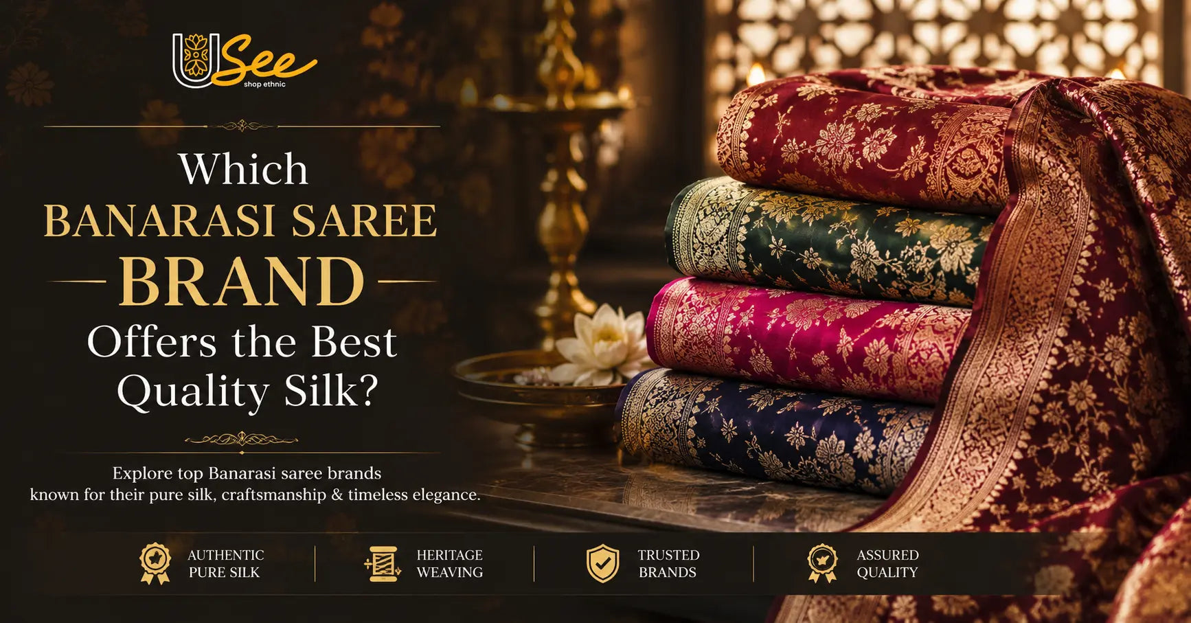 Premium Banarasi silk sarees with intricate zari work showcasing the best Banarasi saree brands for authentic pure silk bridal and festive wear.