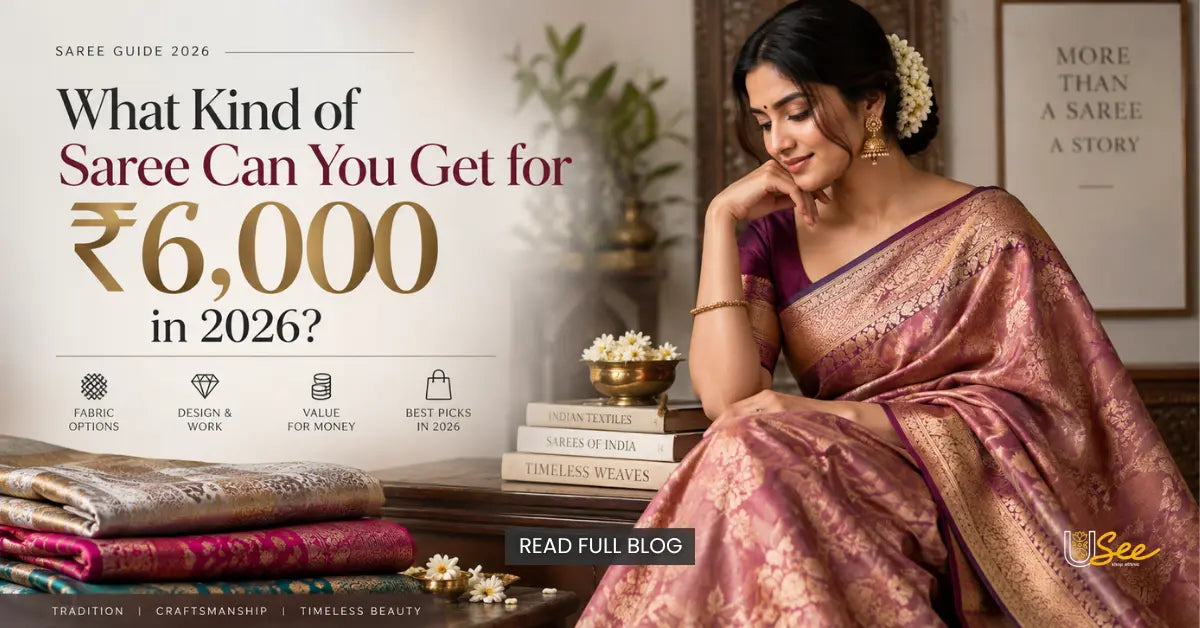 Woman wearing a pink Banarasi saree with gold zari, beside folded sarees, promoting a 2026 guide to sarees under ₹6,000.