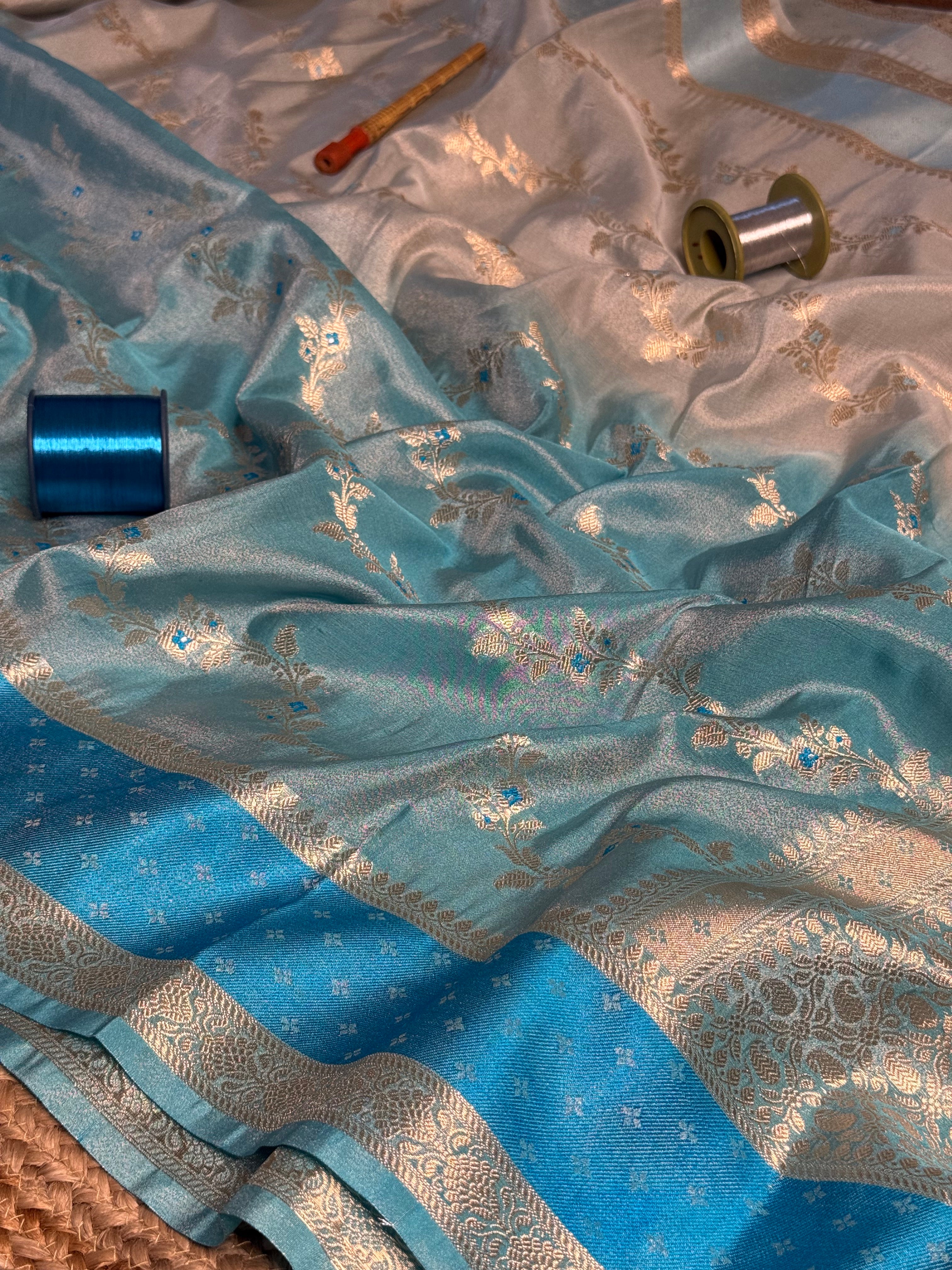 Ombré Blue Breathable Tissue Silk Banarasi Saree