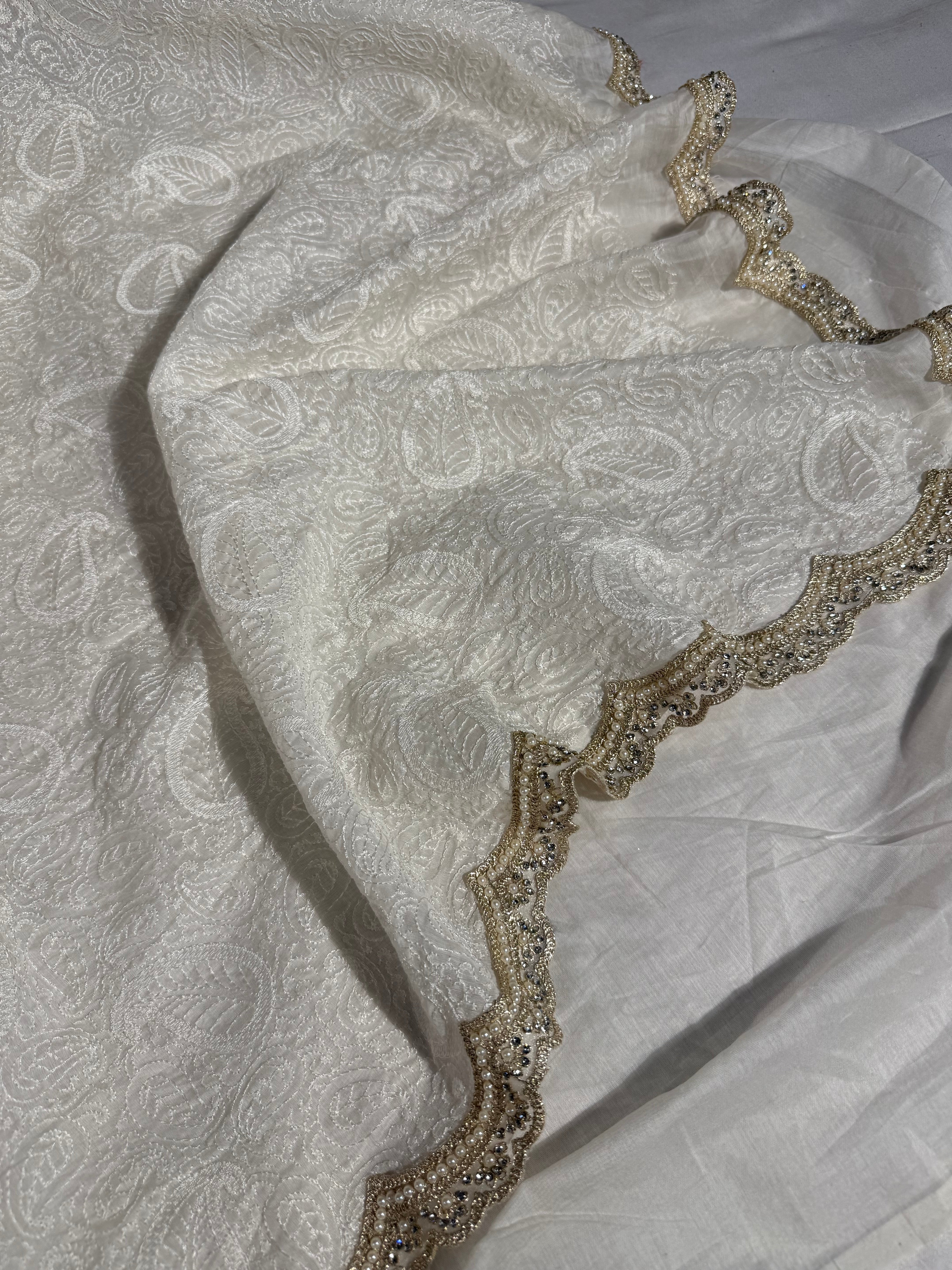 Ivory Cream Pure Mul Chanderi Chikankari Embroidery Designer Saree