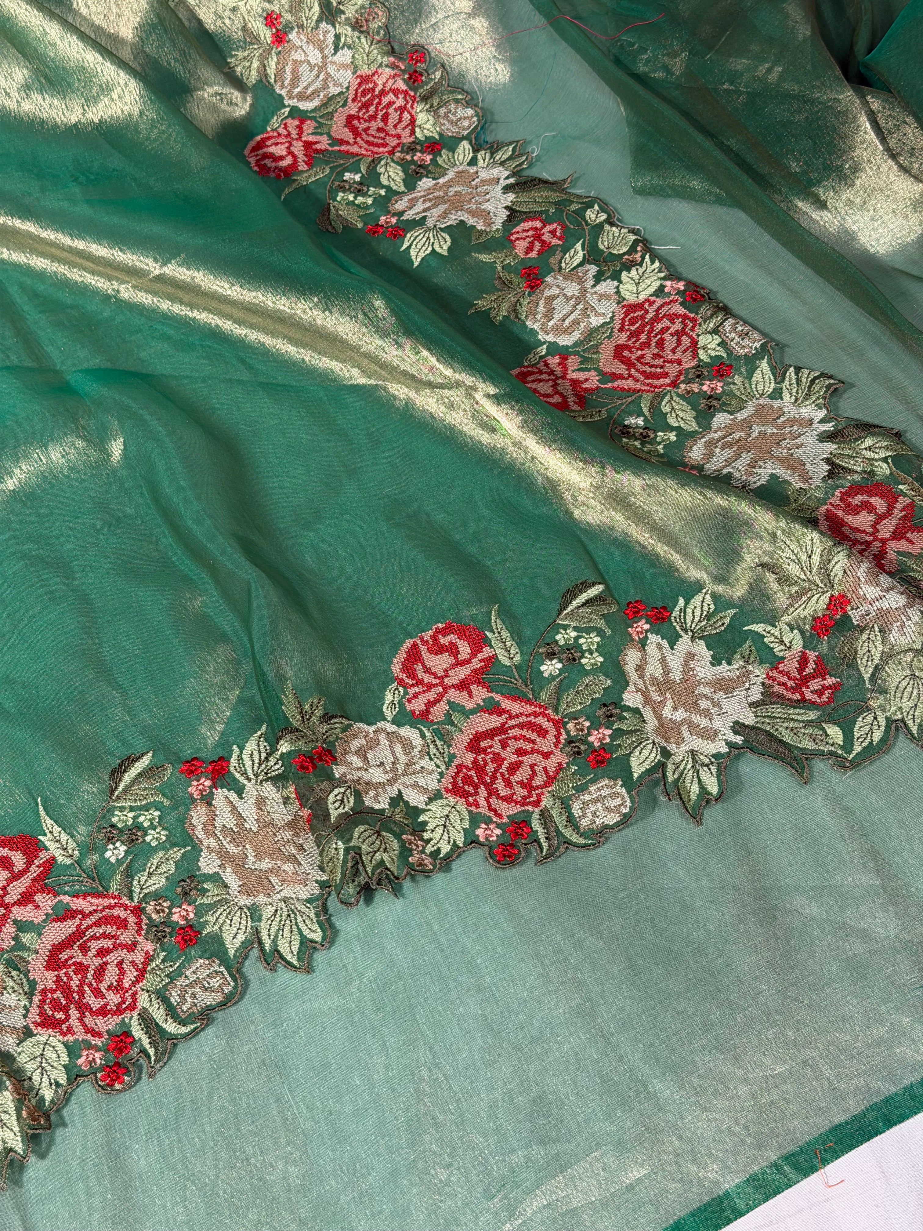 Emerald Green Tissue Silk Crochet Embroidery and Cutwork Banarasi Saree