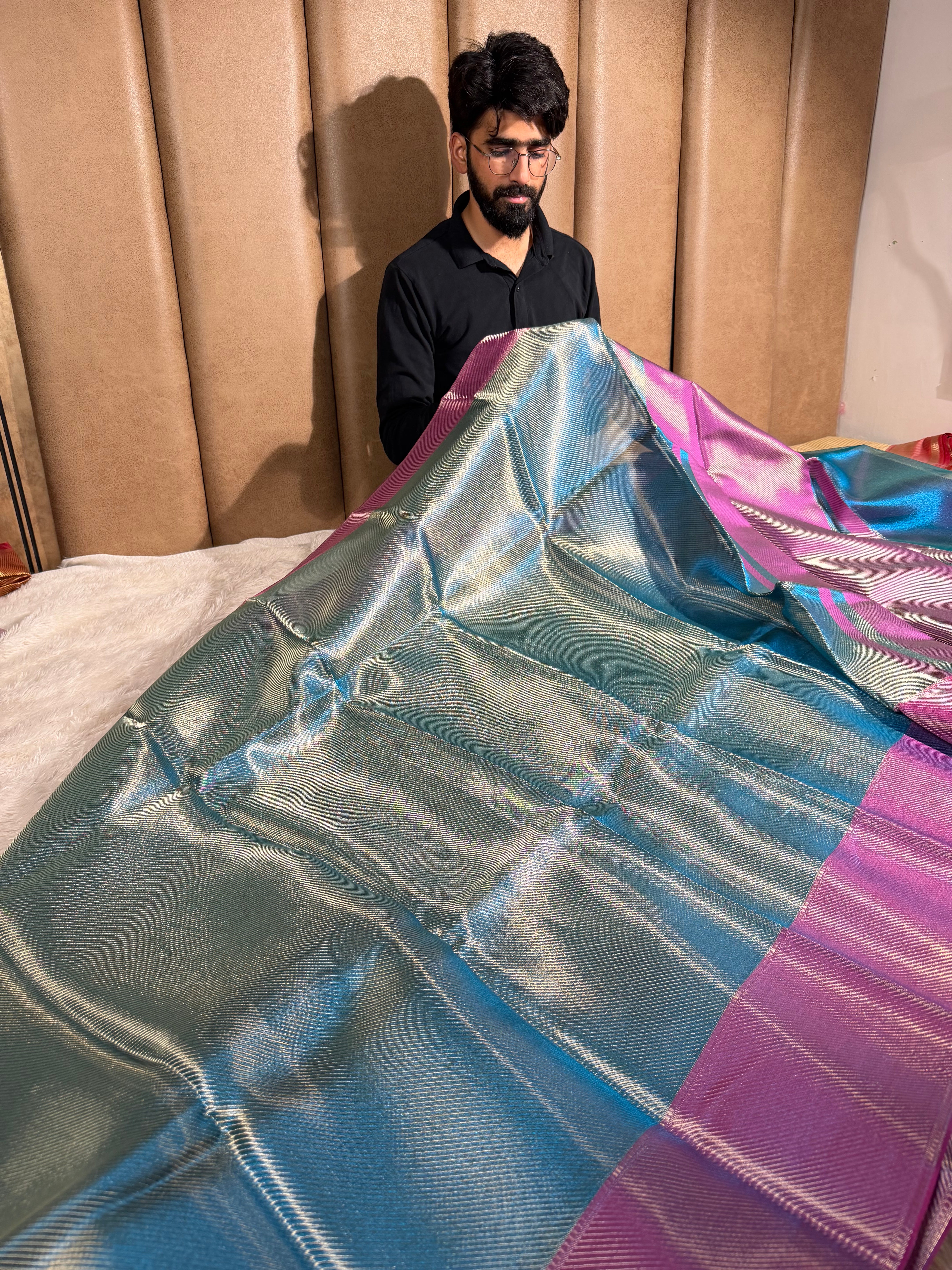 Metallic Firozi Brocade Tissue Silk Saree