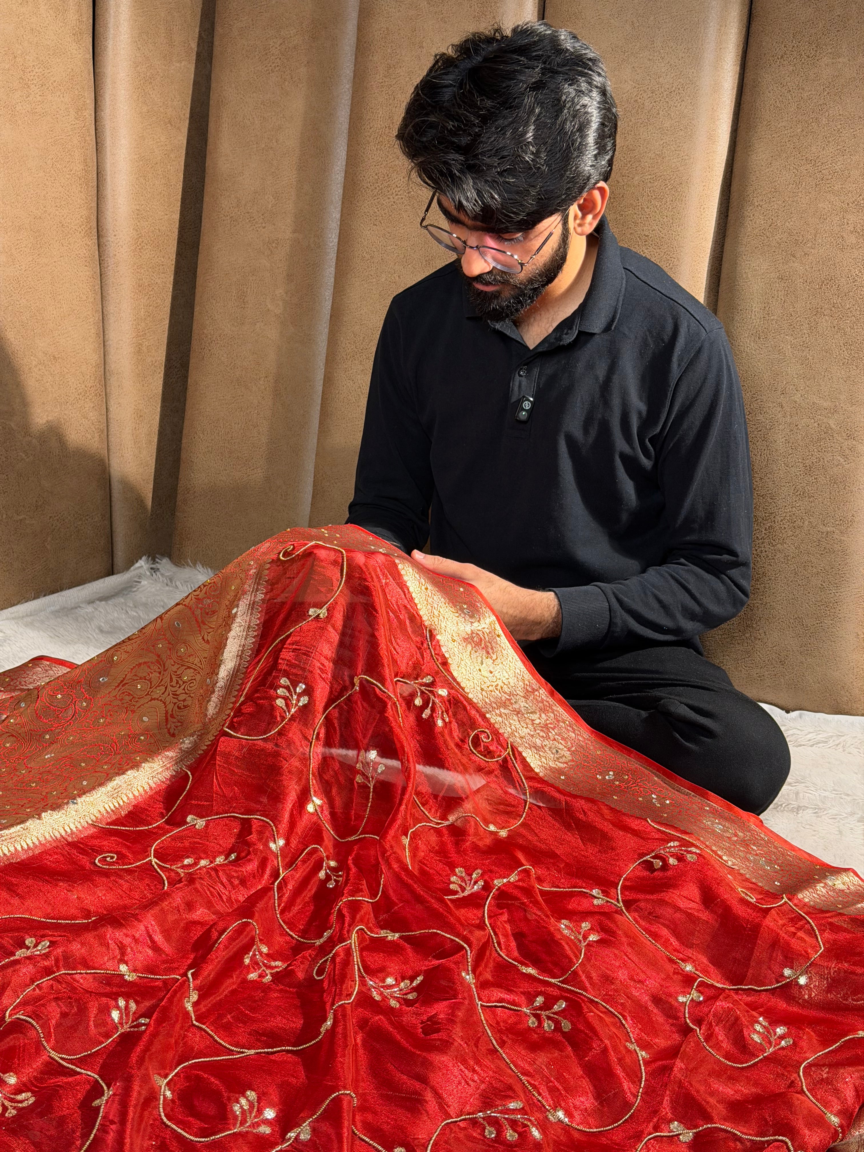 Carmine red pure tissue silk premium handwork saree