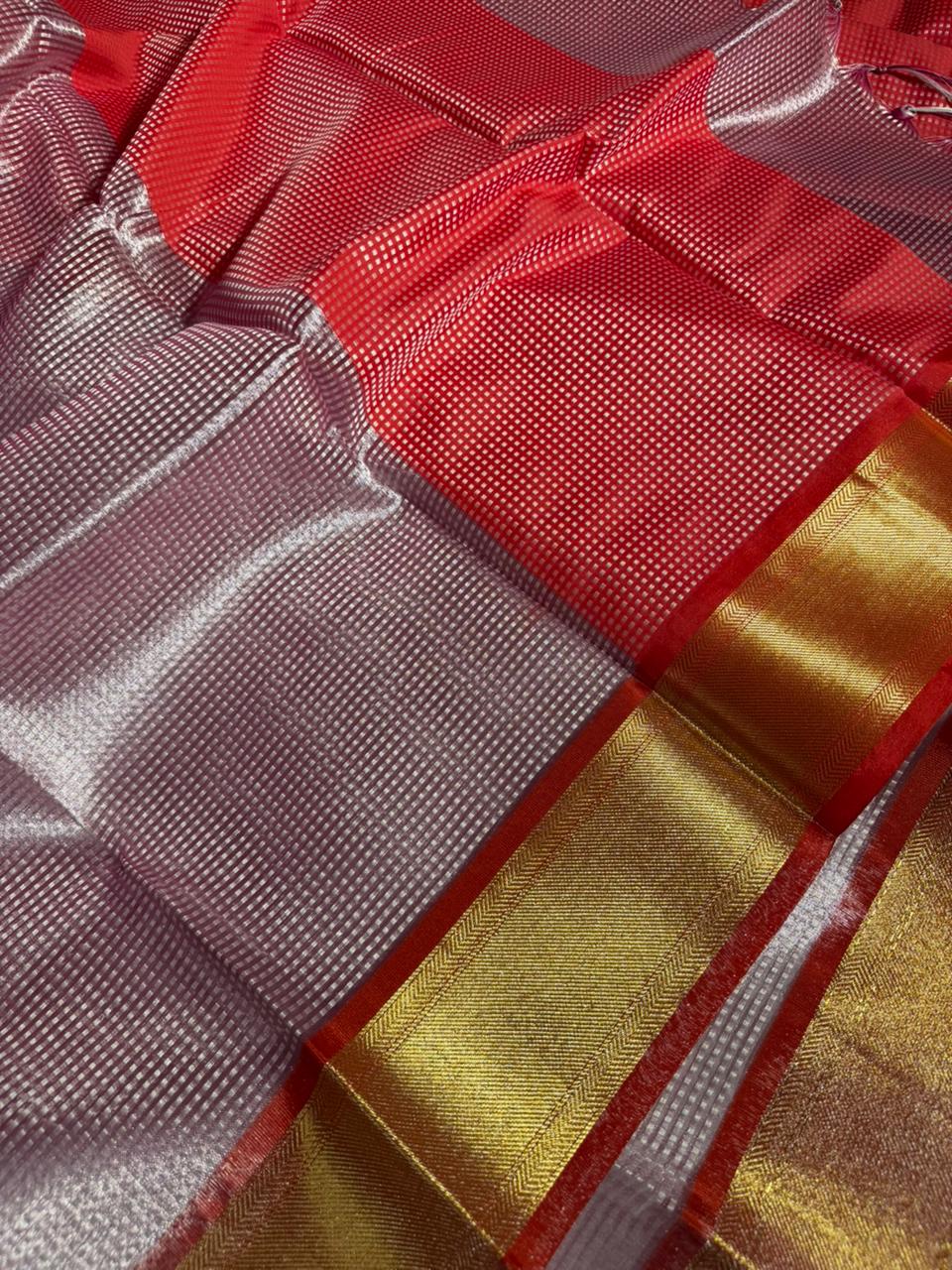 Metallic Pink Shade Embossed Weave Tissue Silk Saree