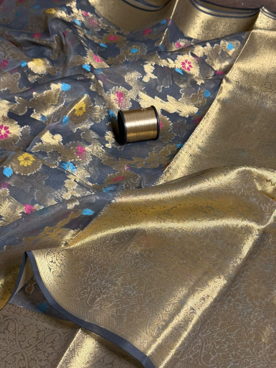 Light Grey Meenakari Floral Organza Saree