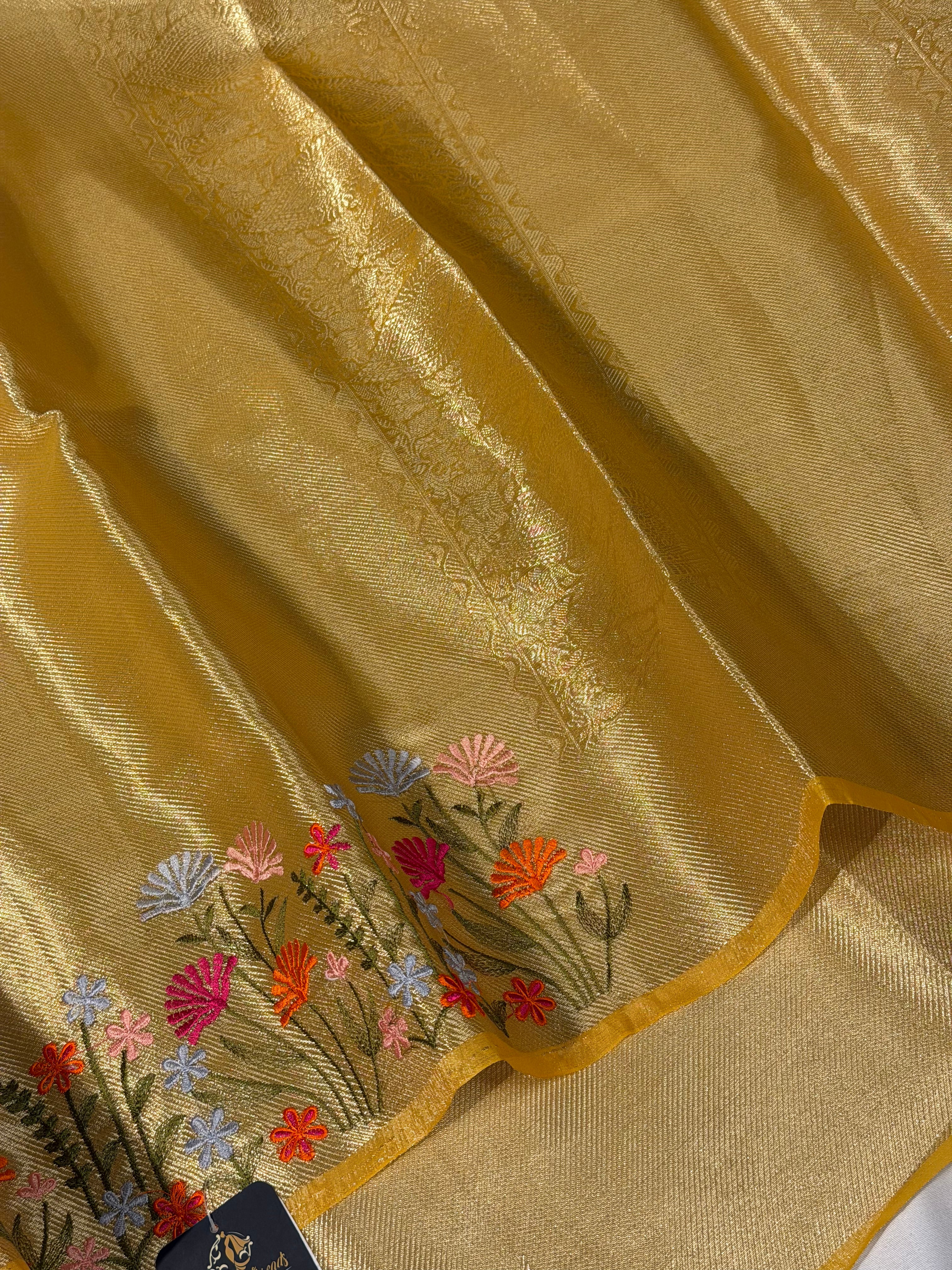 Bright Yellow Kanjivaram Brocade Tissue Silk Multicoloured Floral Embroidery Saree