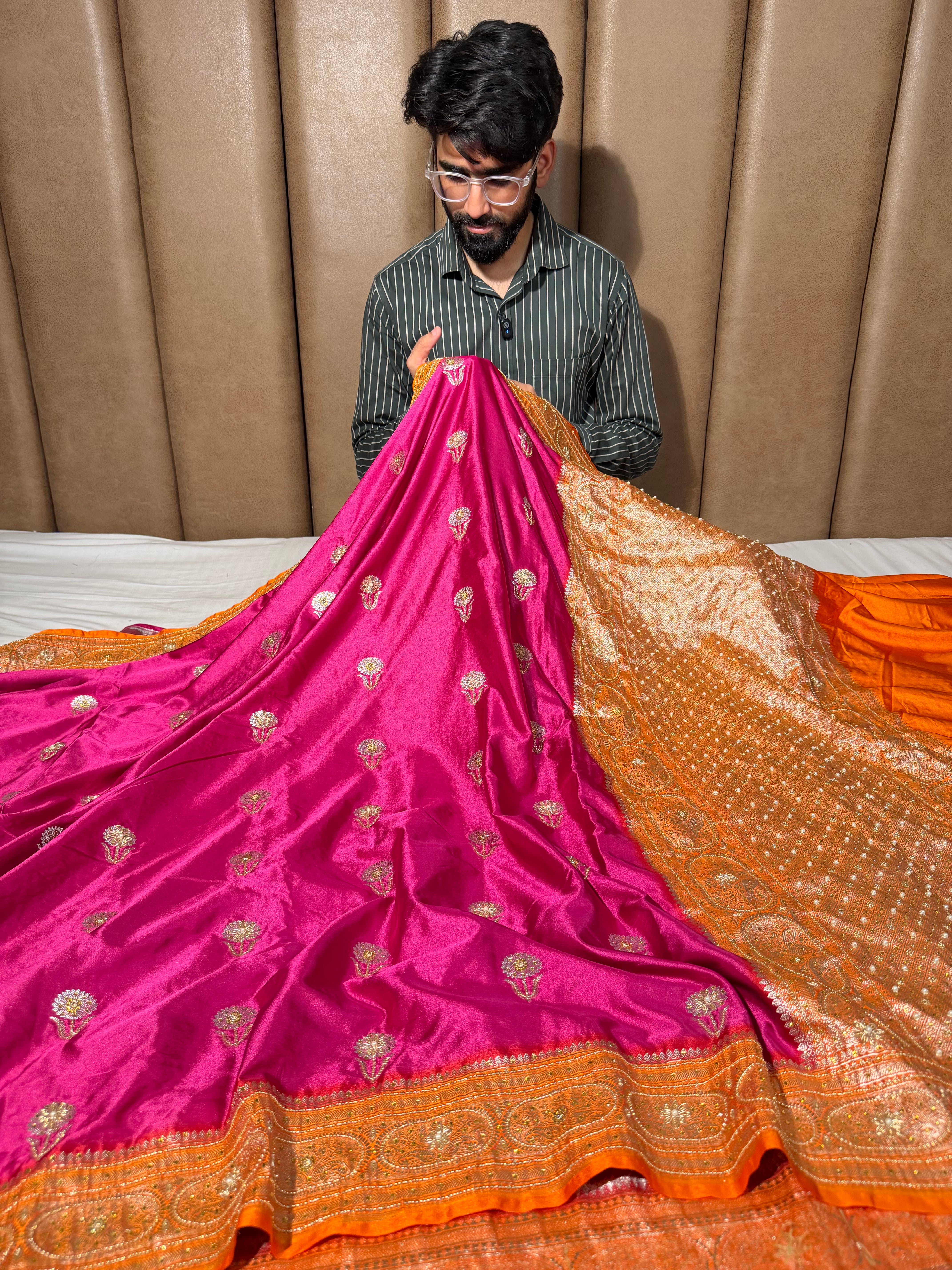 Rani Orange Mashru Katan Premium Handwork Saree