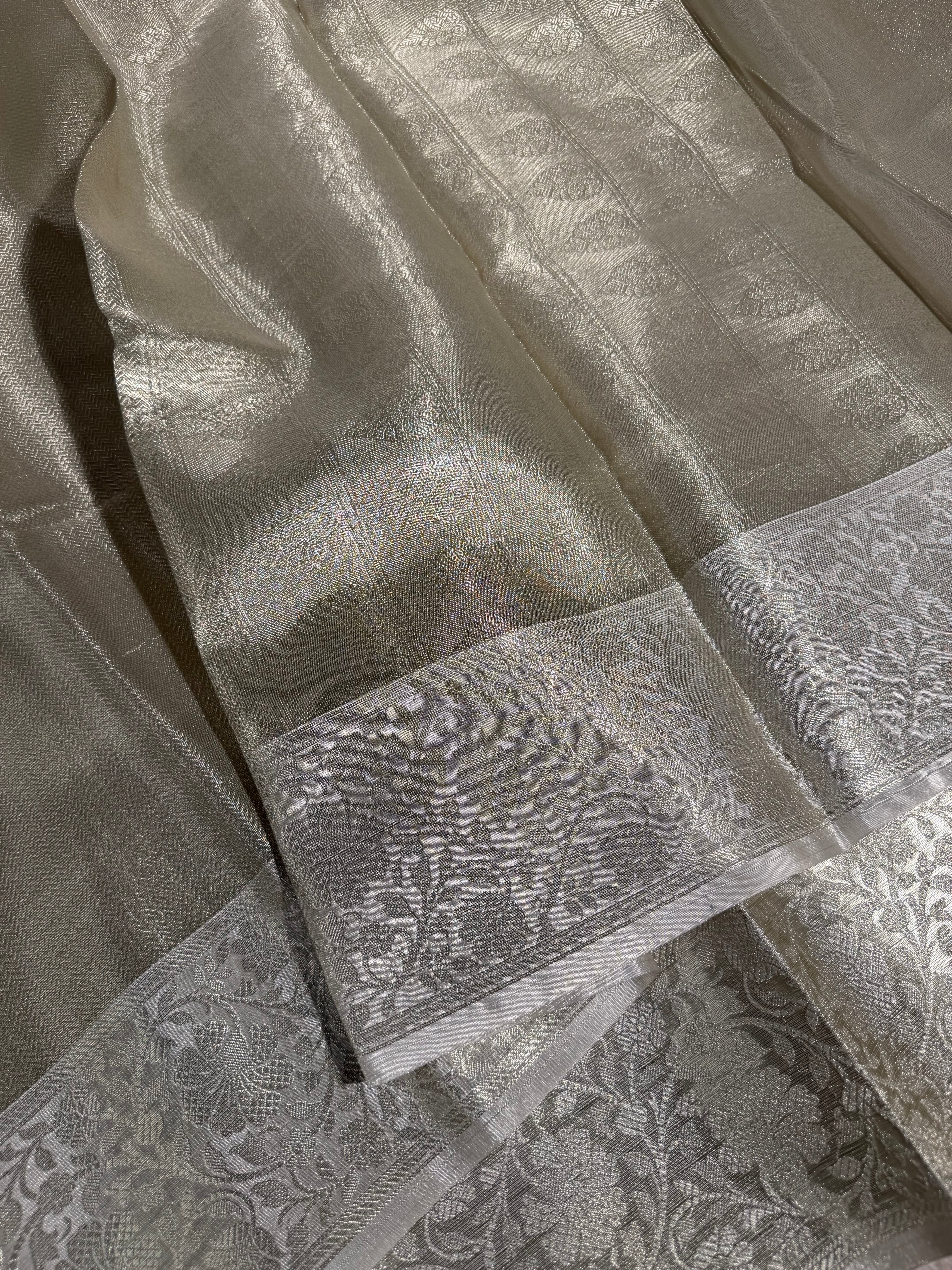 Ivory Kanjivaram Brocade Tissue Floral Border Saree