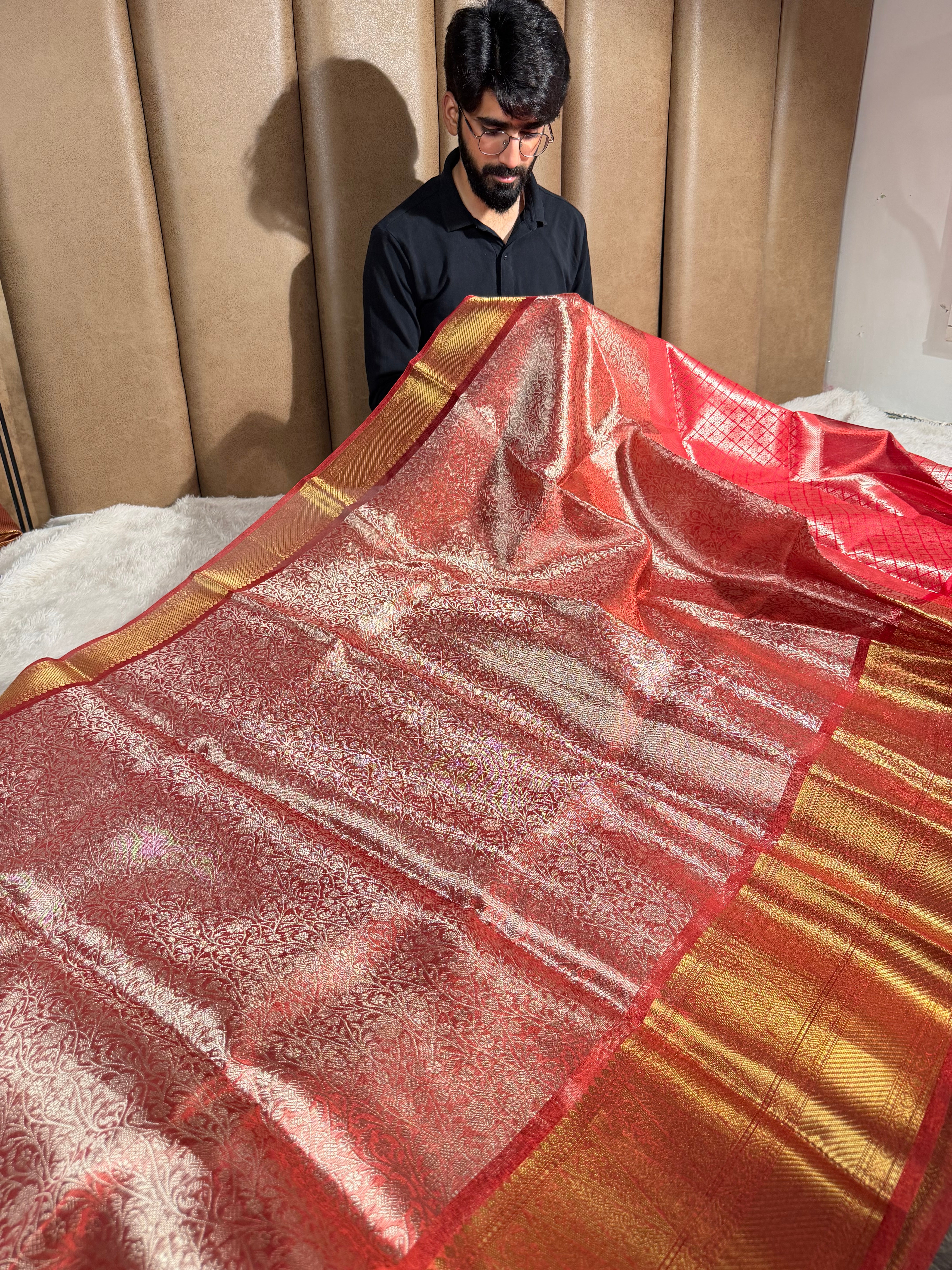 Dual Shaded Red Kanjivaram Embossed Tissue Saree