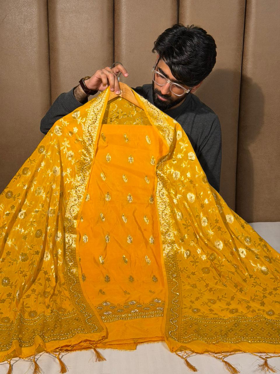 Haldi Special Yellow Chinia Silk Premium Handwork Suit