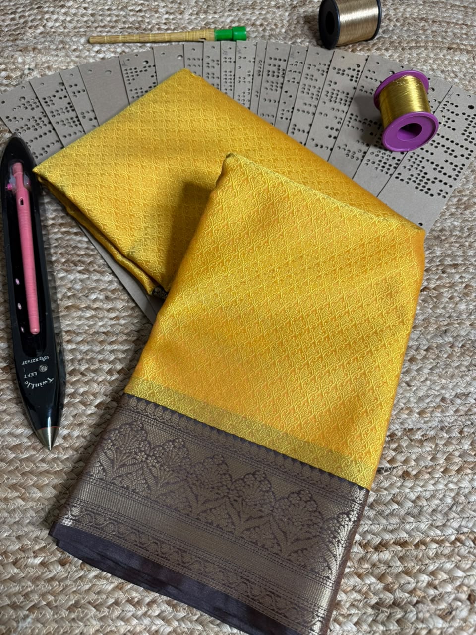 Lemon Yellow Embossed Tanchui Banarasi Saree