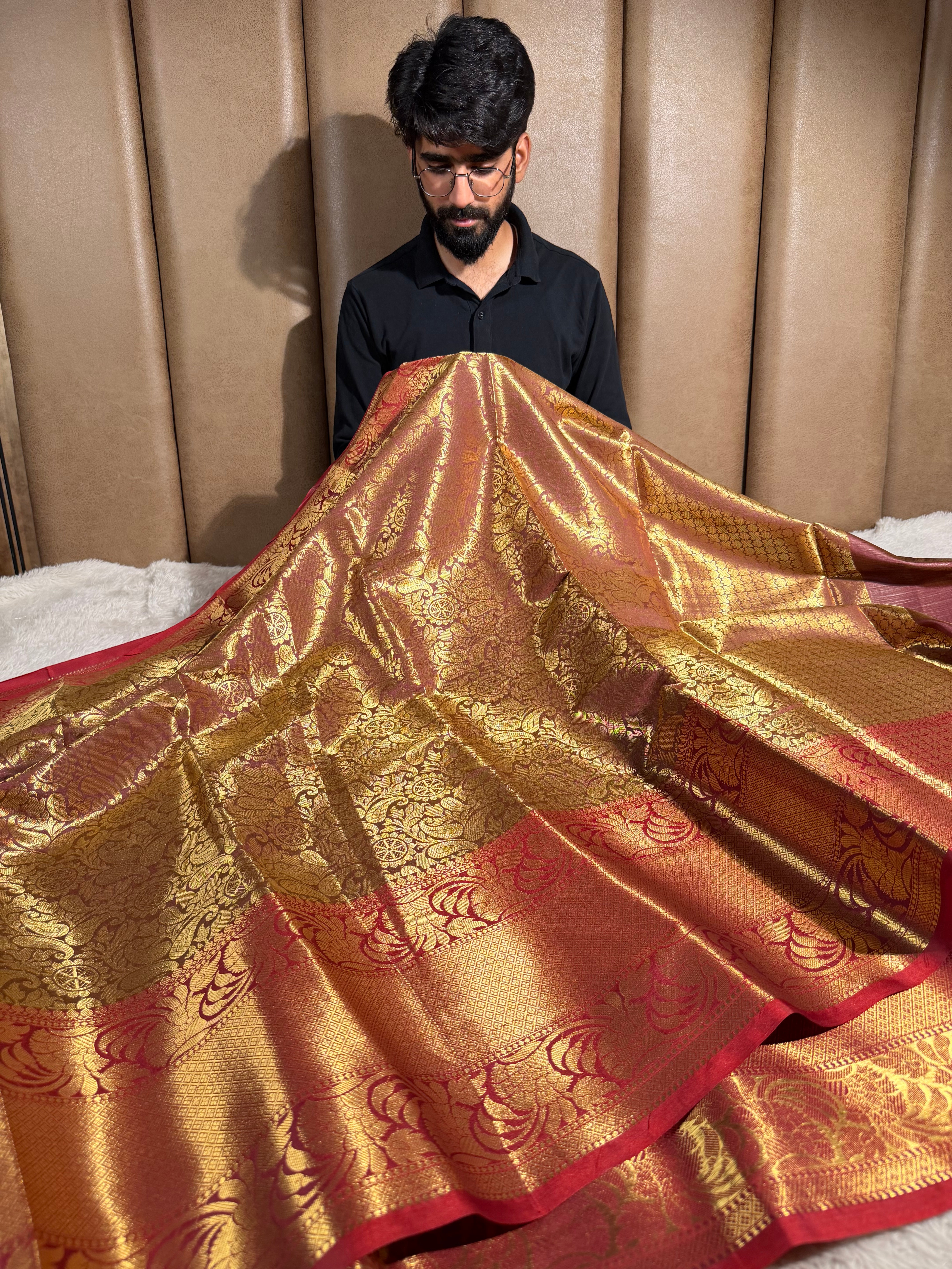 Rusted Shade Embossed Kanjivaram Tissue Saree