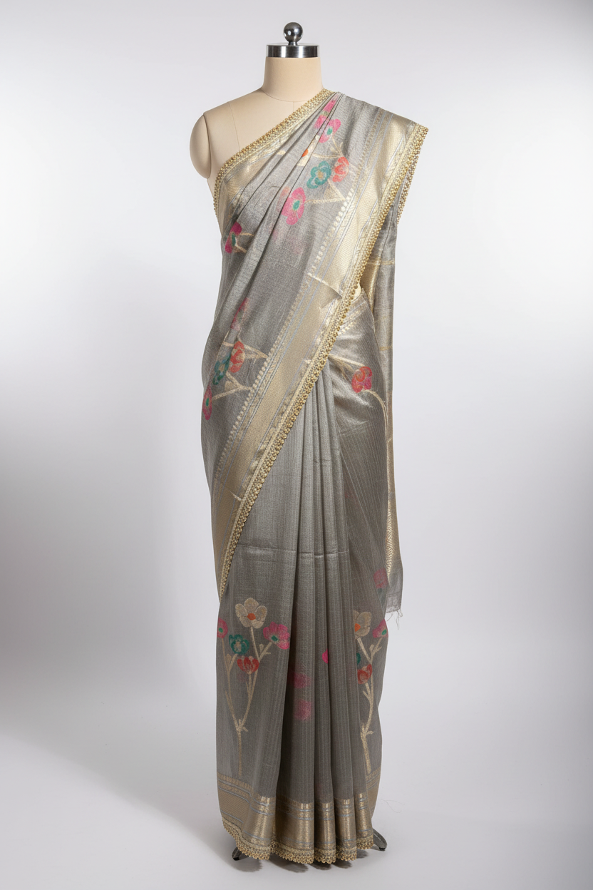 Rare Beige Dupion Silk Premium Designer Saree