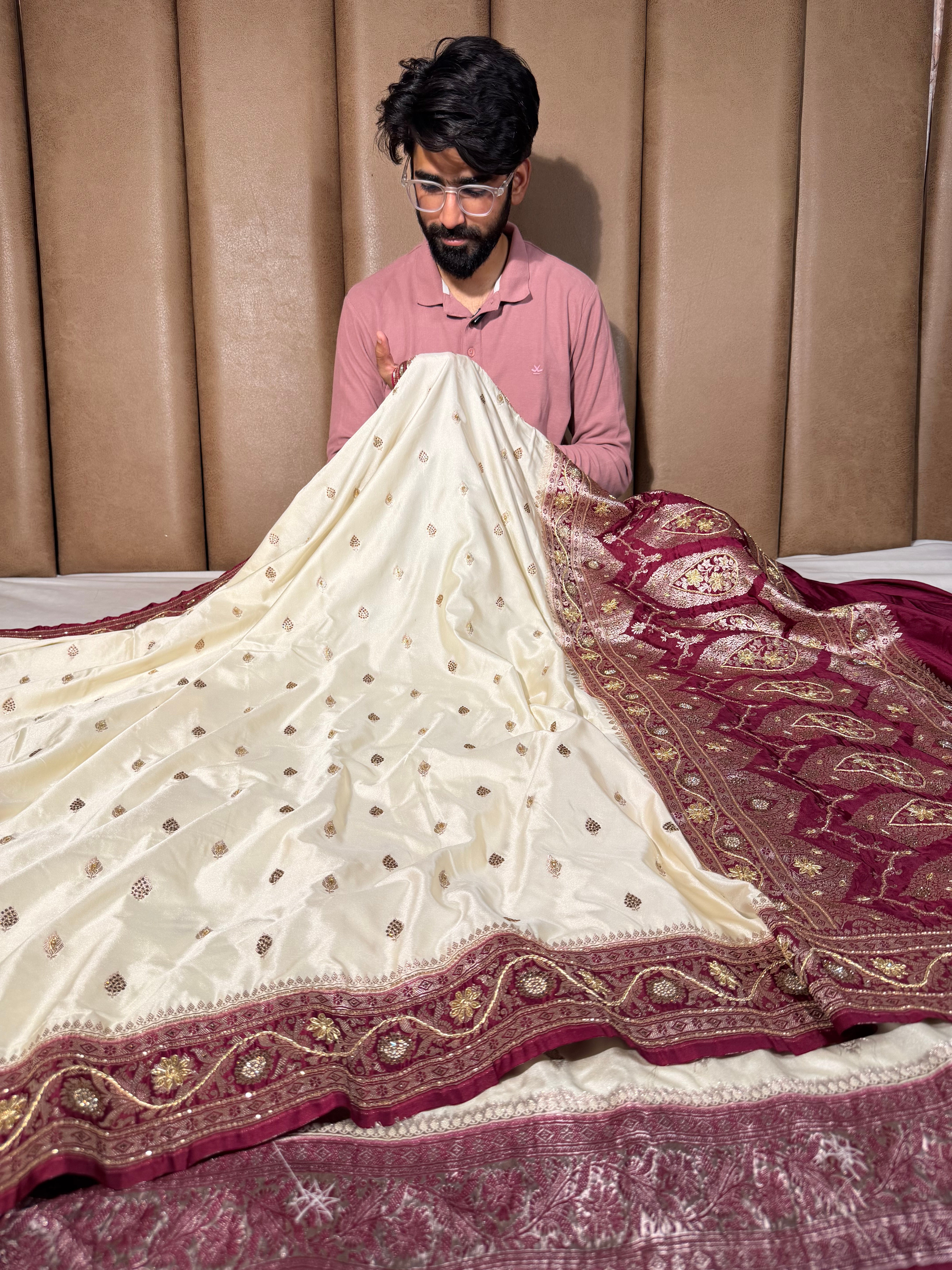 Off White Mashru Katan Silk Handwork Banarasi Saree