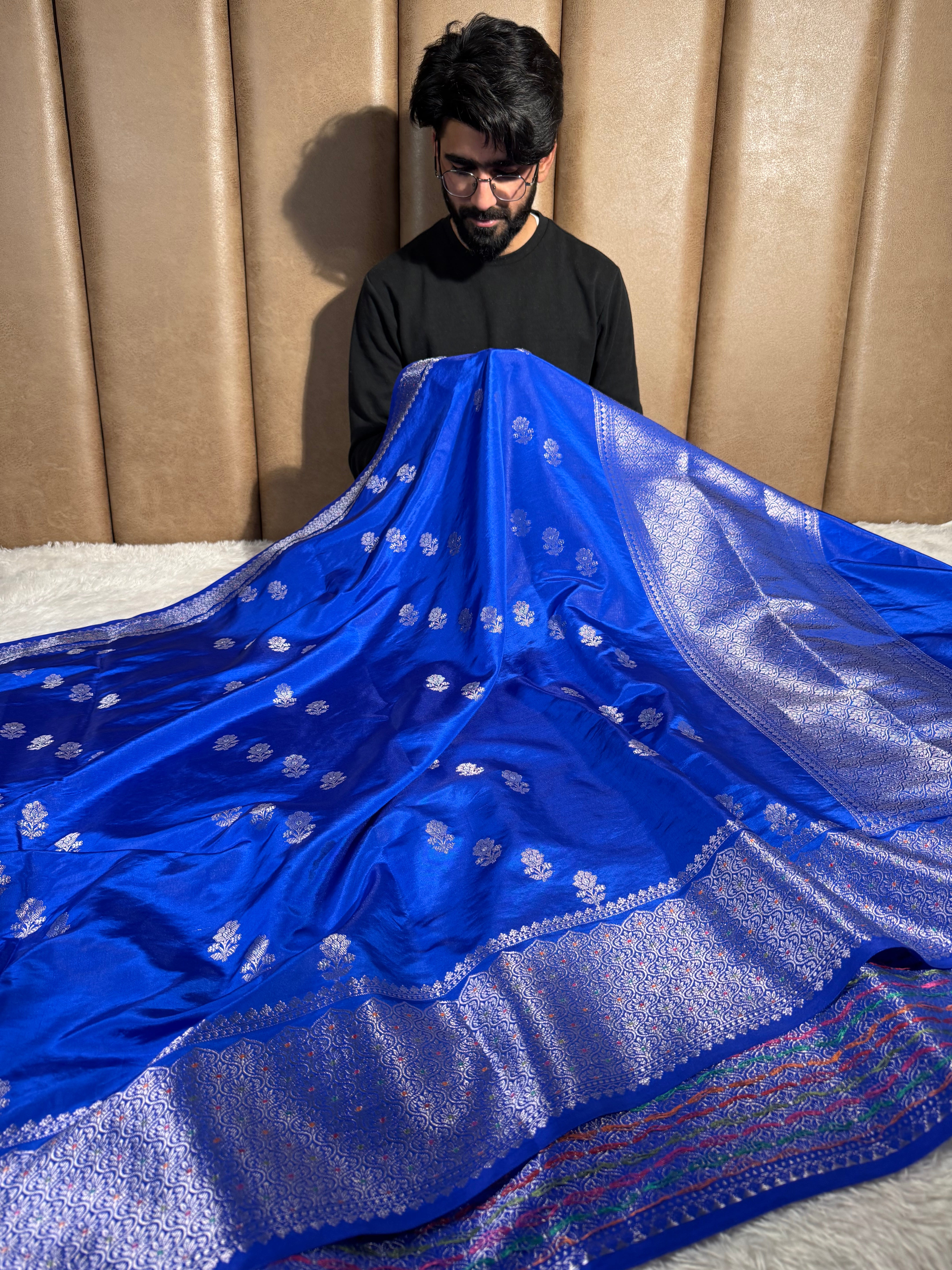 Royal Blue Chinia Silk Contemporary Weave Saree