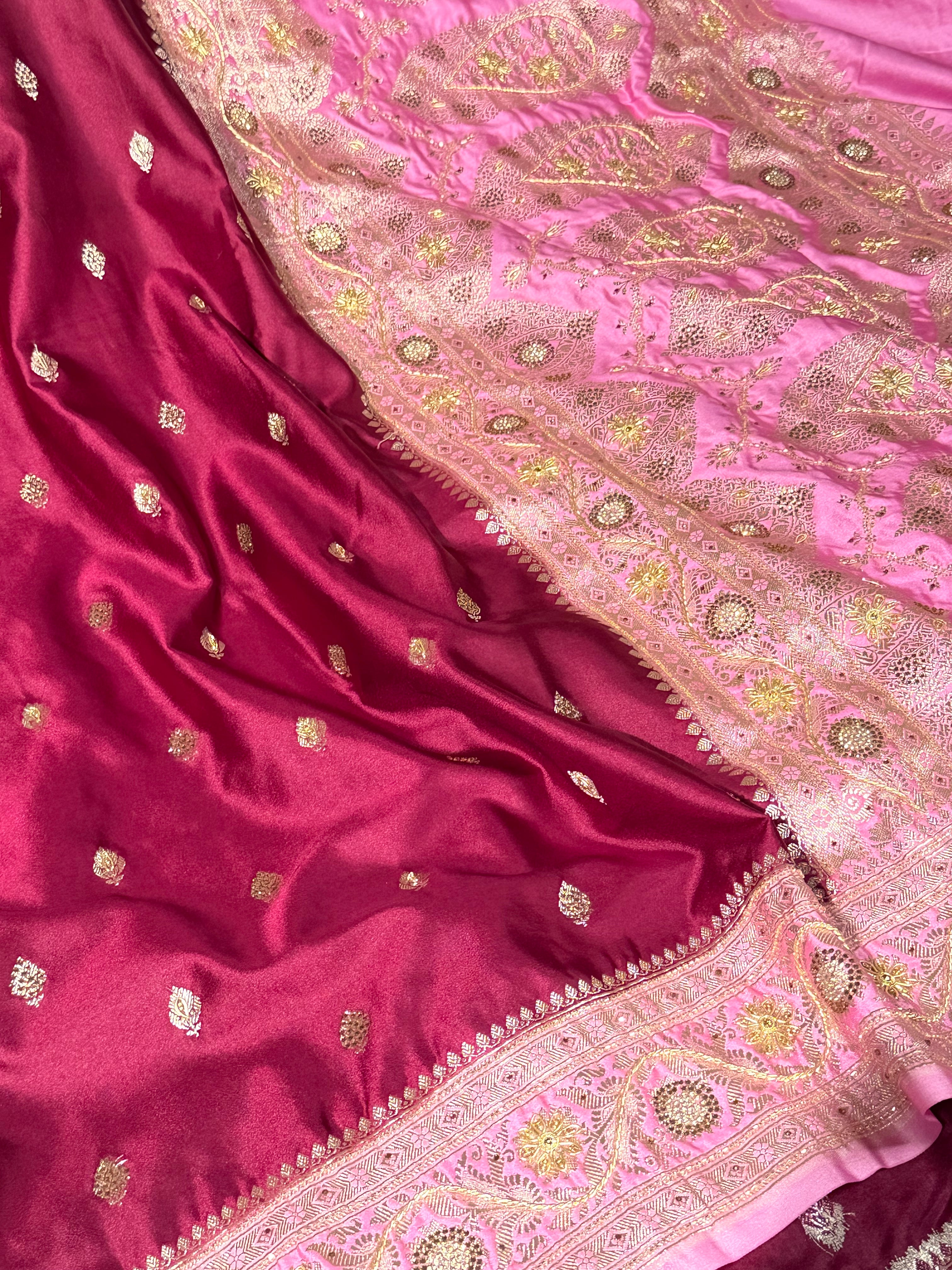 Maroon Pink Mashru Katan Premium Handwork Saree