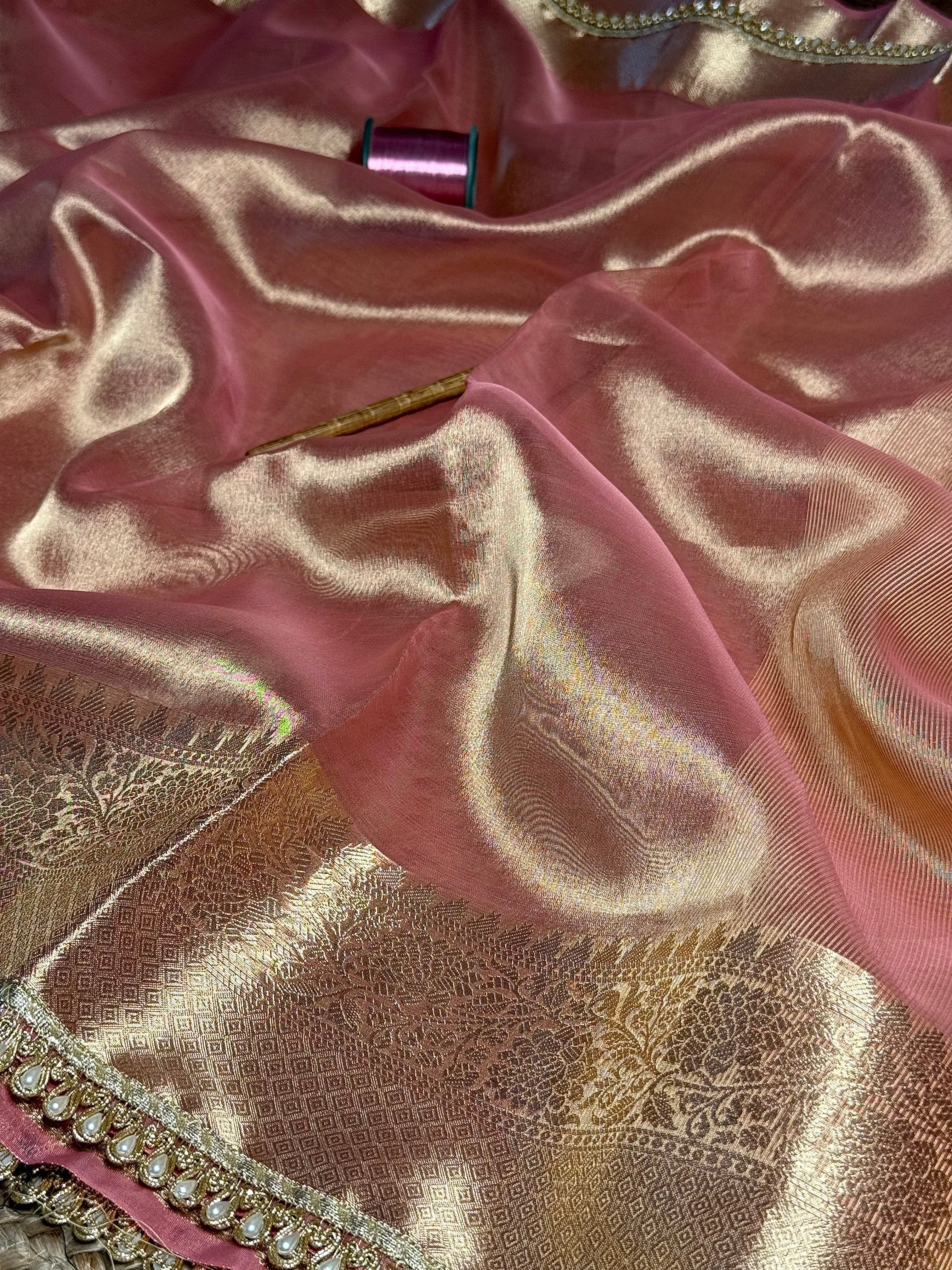 Mauve Pink Glass Tissue Silk Designer Banarasi Saree
