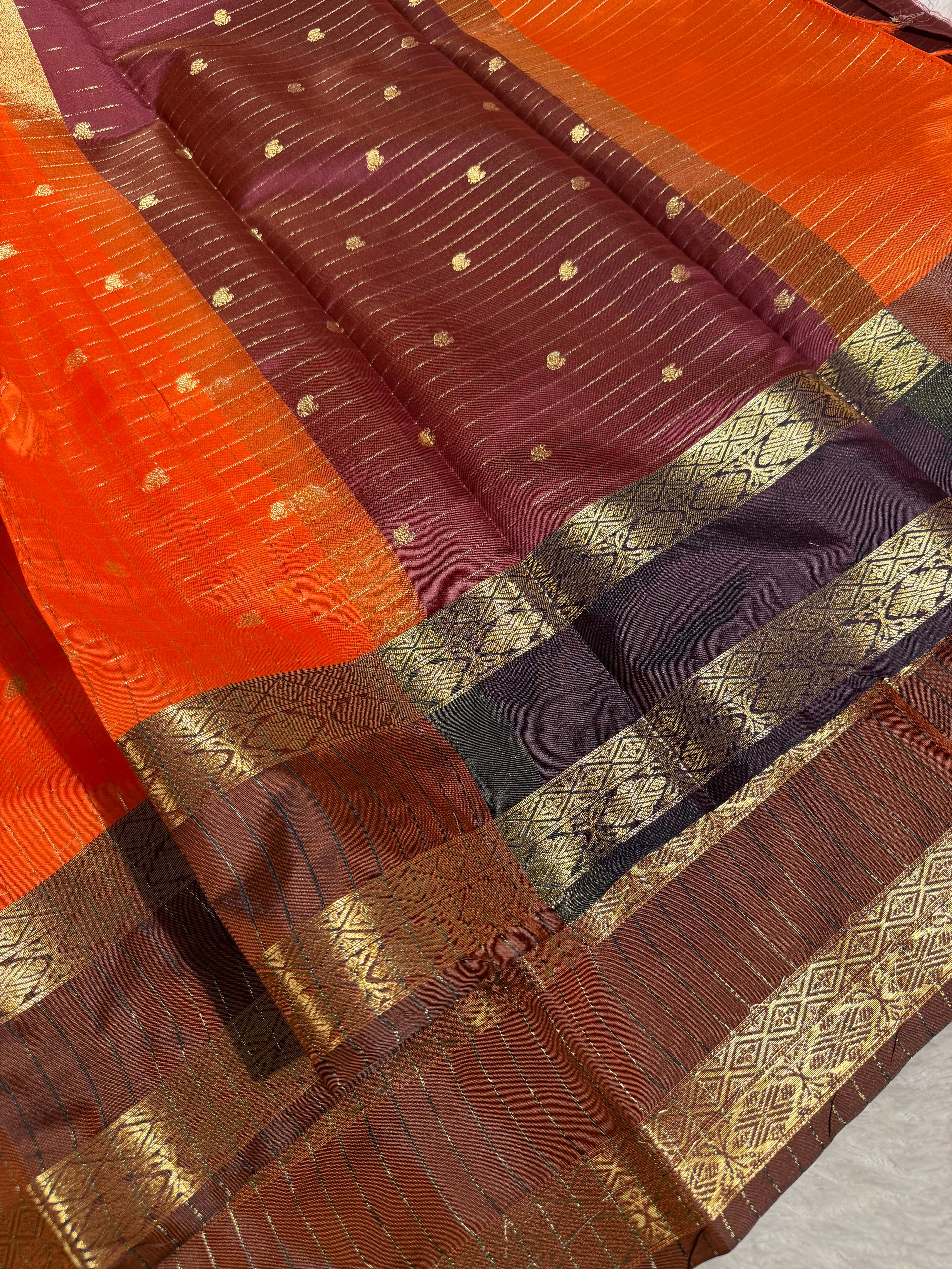 Bright Orange Checkered Buti Softsilk Saree