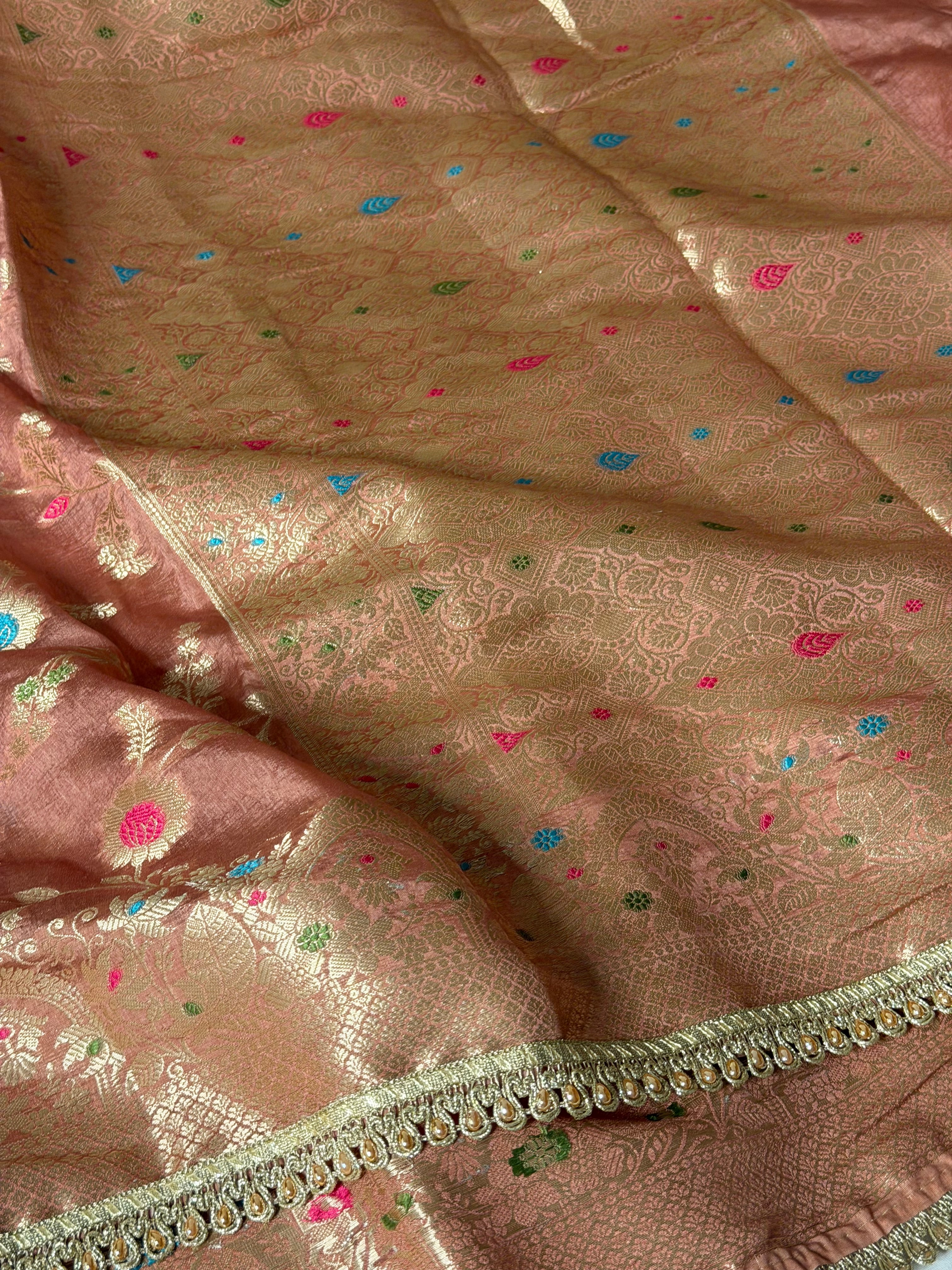 Mauve Peach Pemium Dupion Silk Lace Work Banarasi Saree