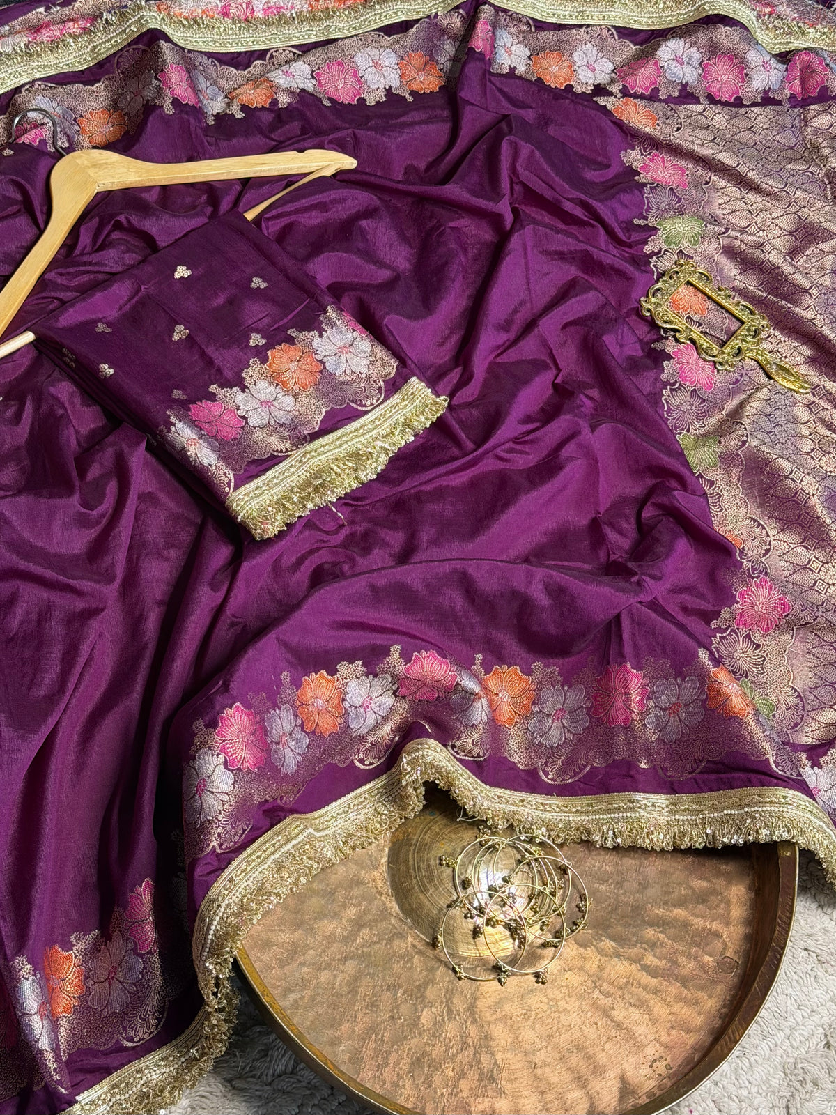 Bright Purple Warm Silk Contemporary Lace Work Saree