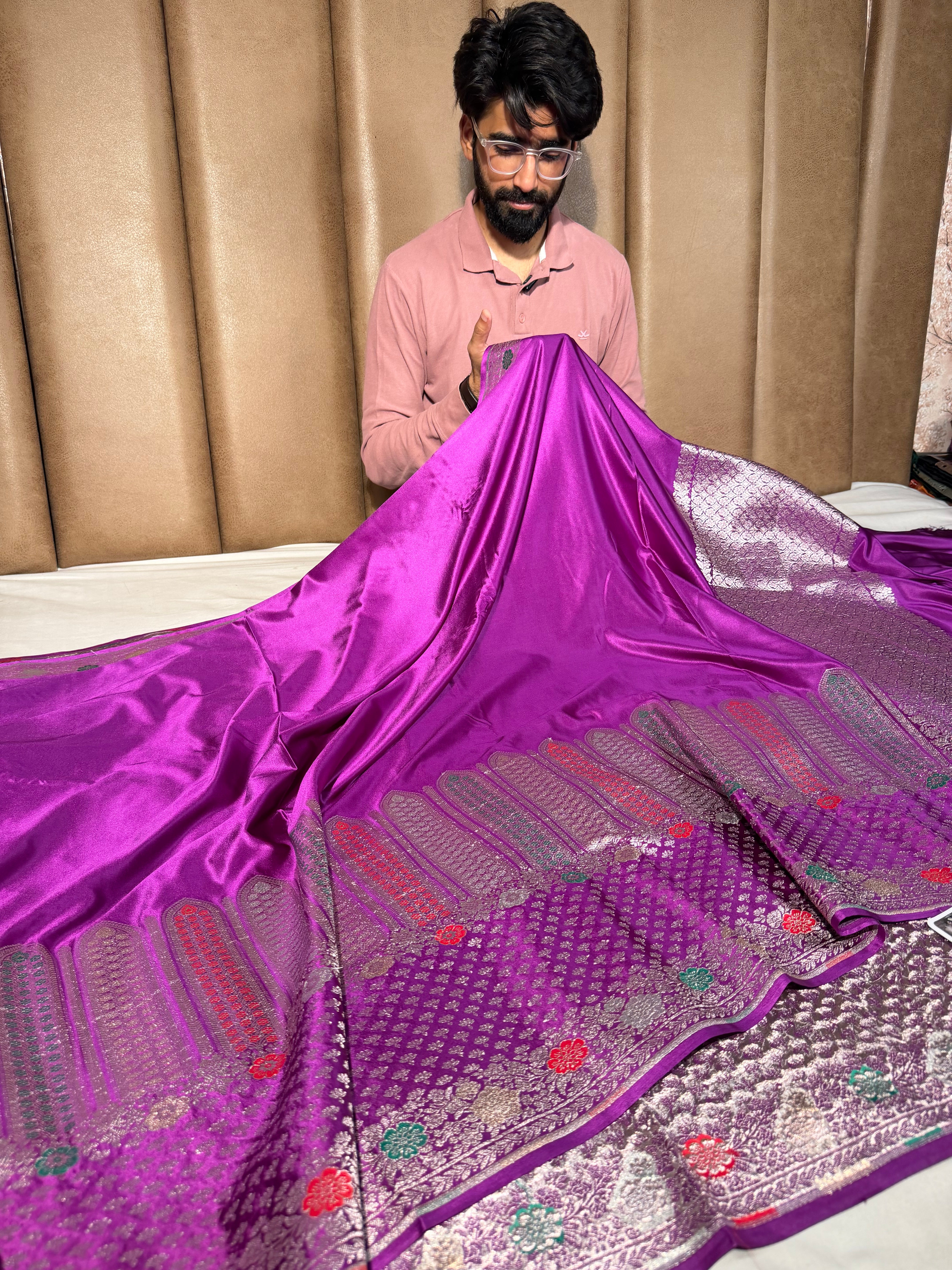 Bright Purple Contemporary Meenakari Mashru Banarasi Saree