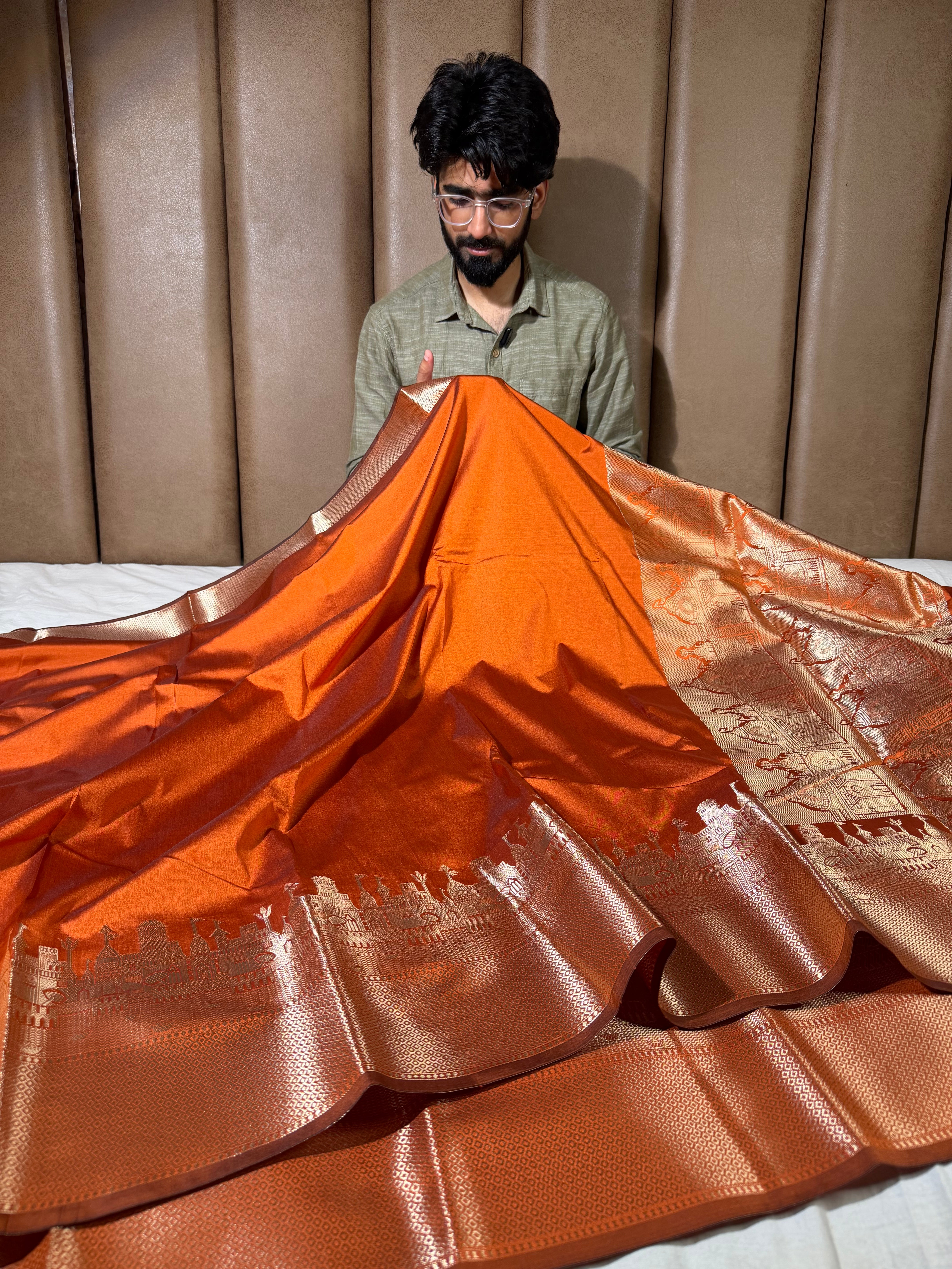 Rusted Orange Ghats Border Softsilk Banarasi Saree