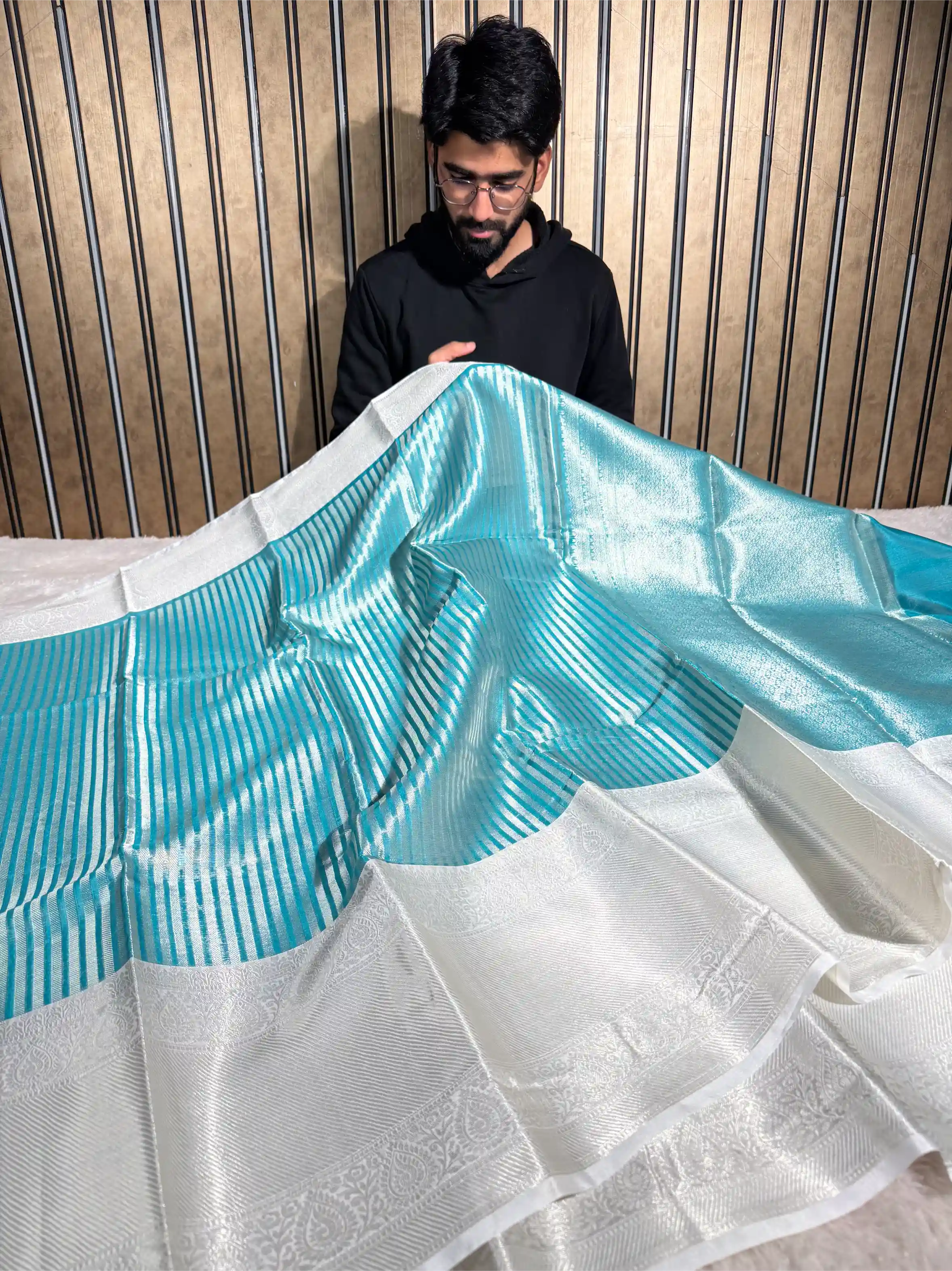 Dark Sea Blue Softsilk Contemporary Weave Banarasi Saree