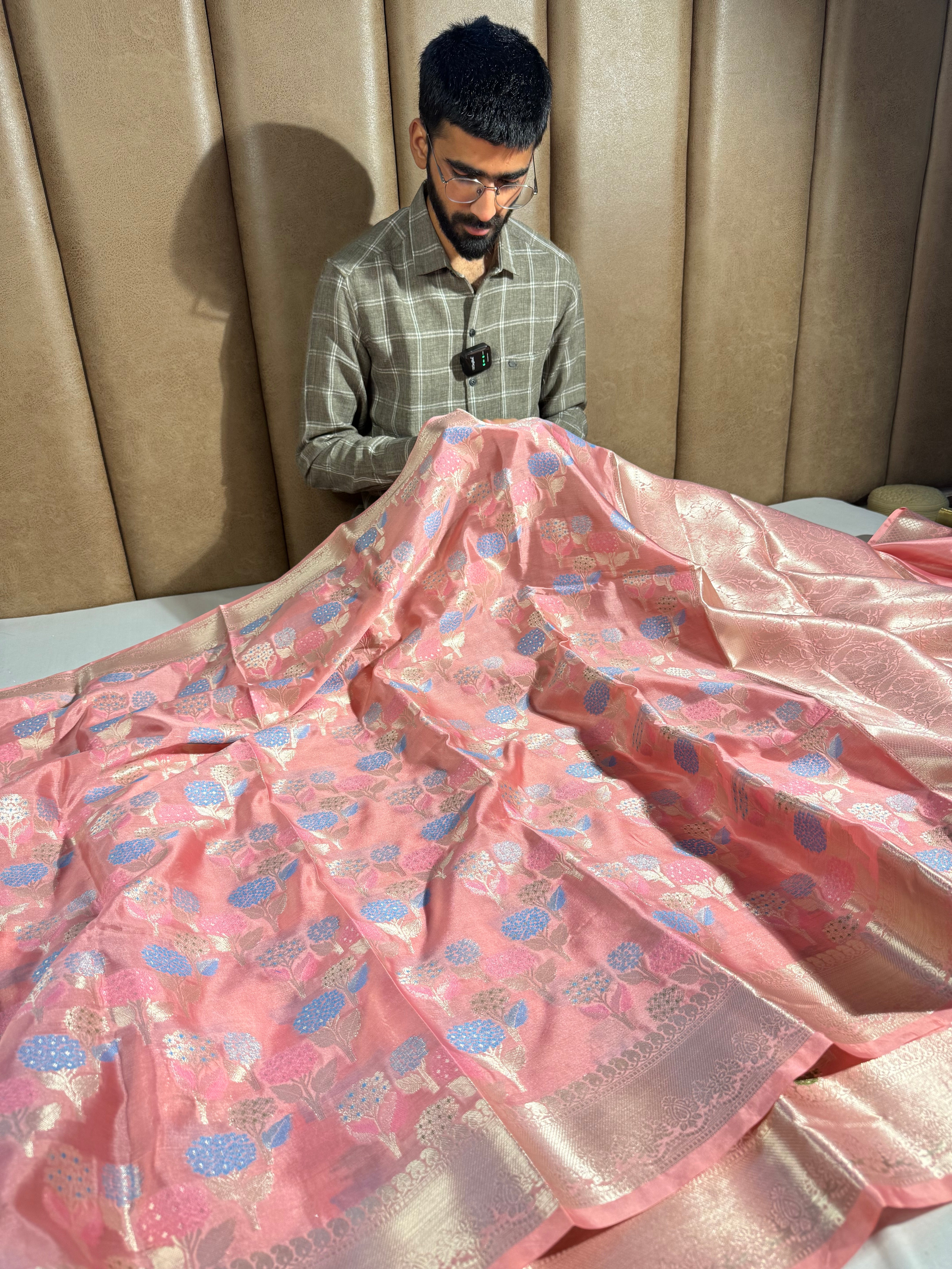 Nita Ambani Ma’am Inspired Peach Katan Silk Floral Embossed Meenakari Banarasi Saree