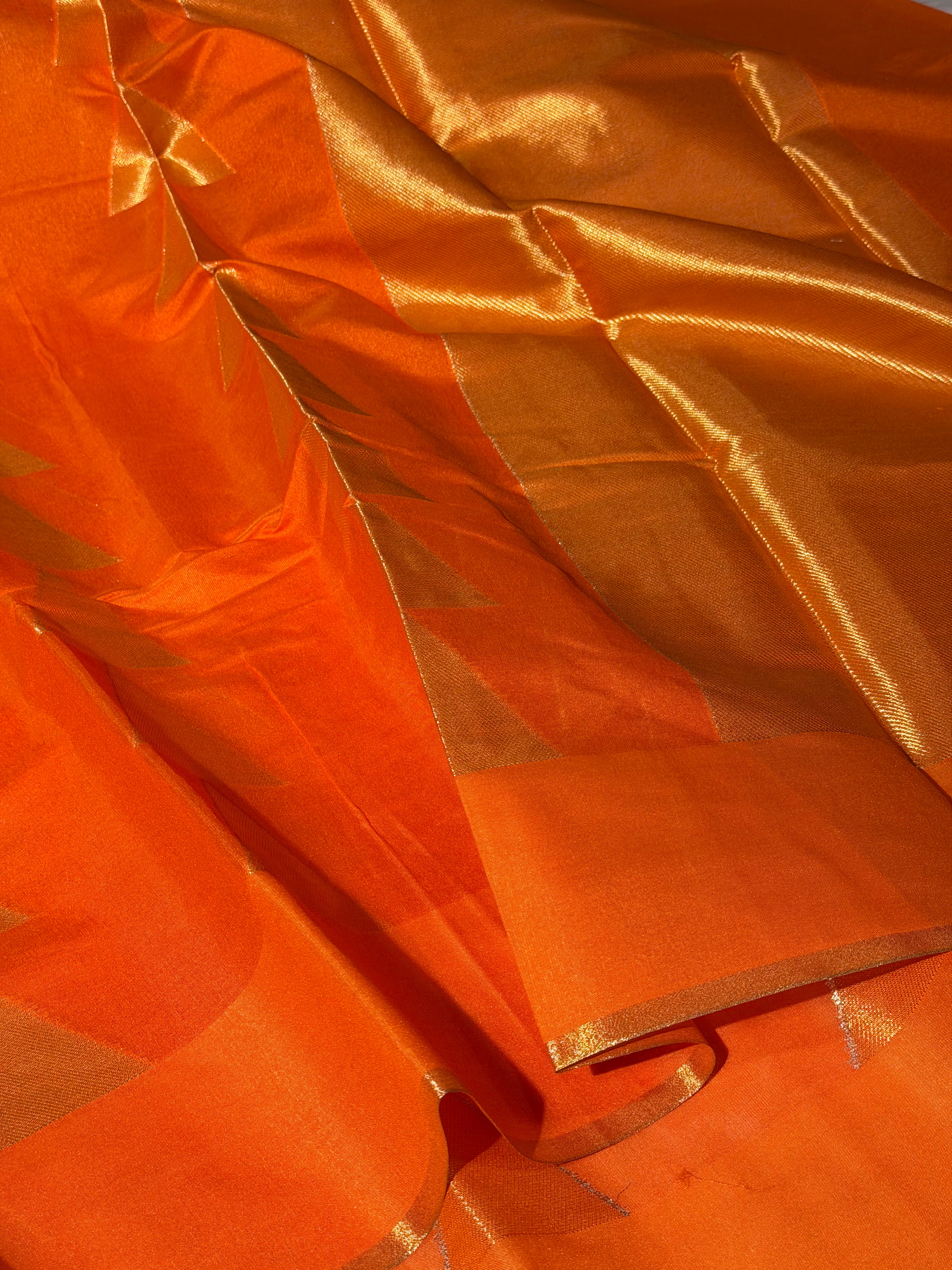 Bright Orange Temple Buta Soft Cotton Banarasi Saree