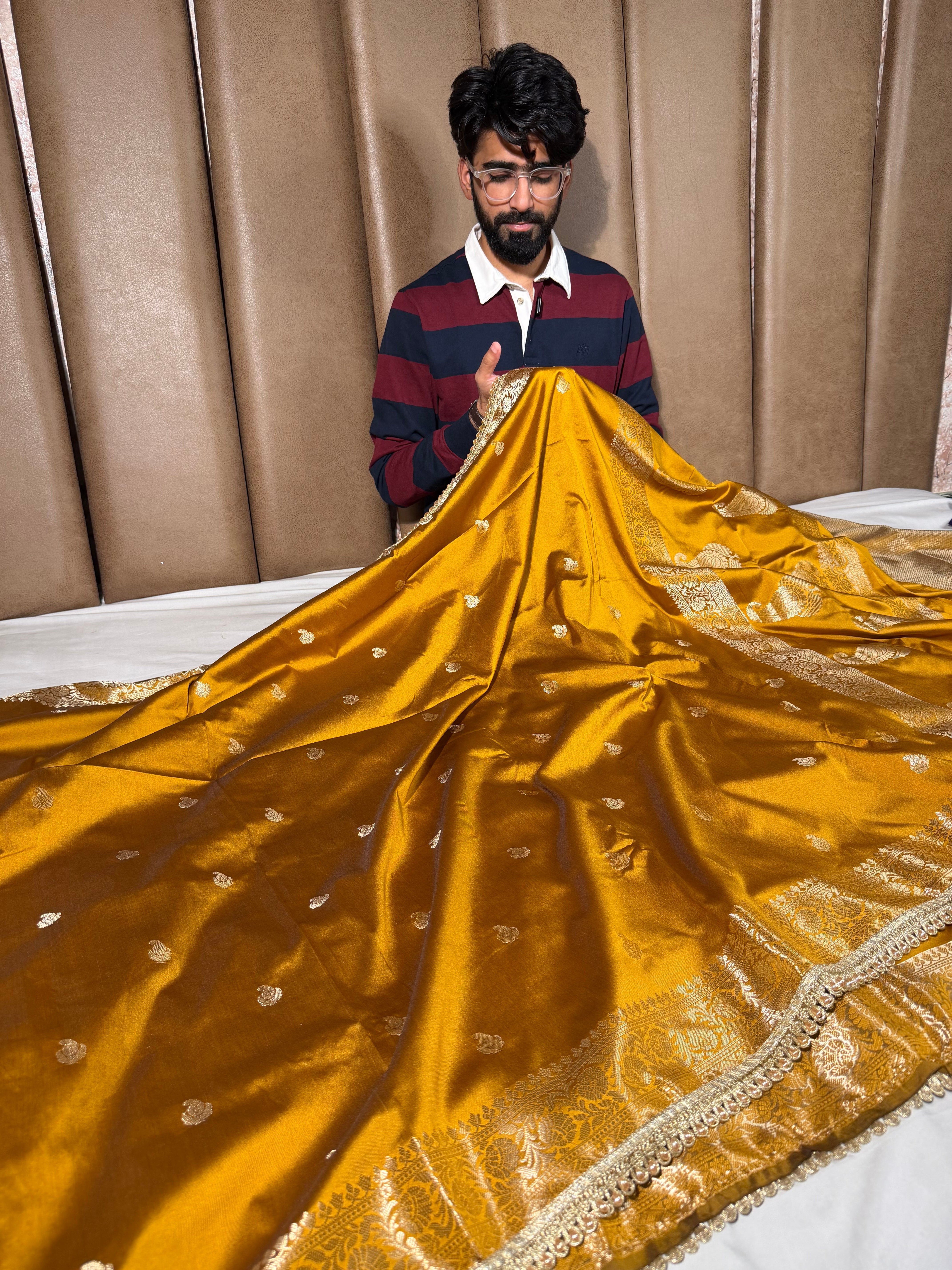Light Mustard Banarasi Silk Lace Work Saree