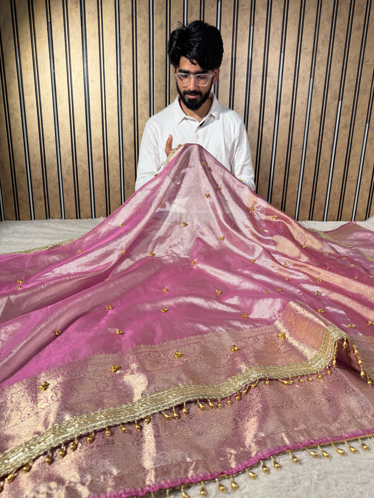 Barbie Pink Tissue Silk Viral Ghungroo Saree
