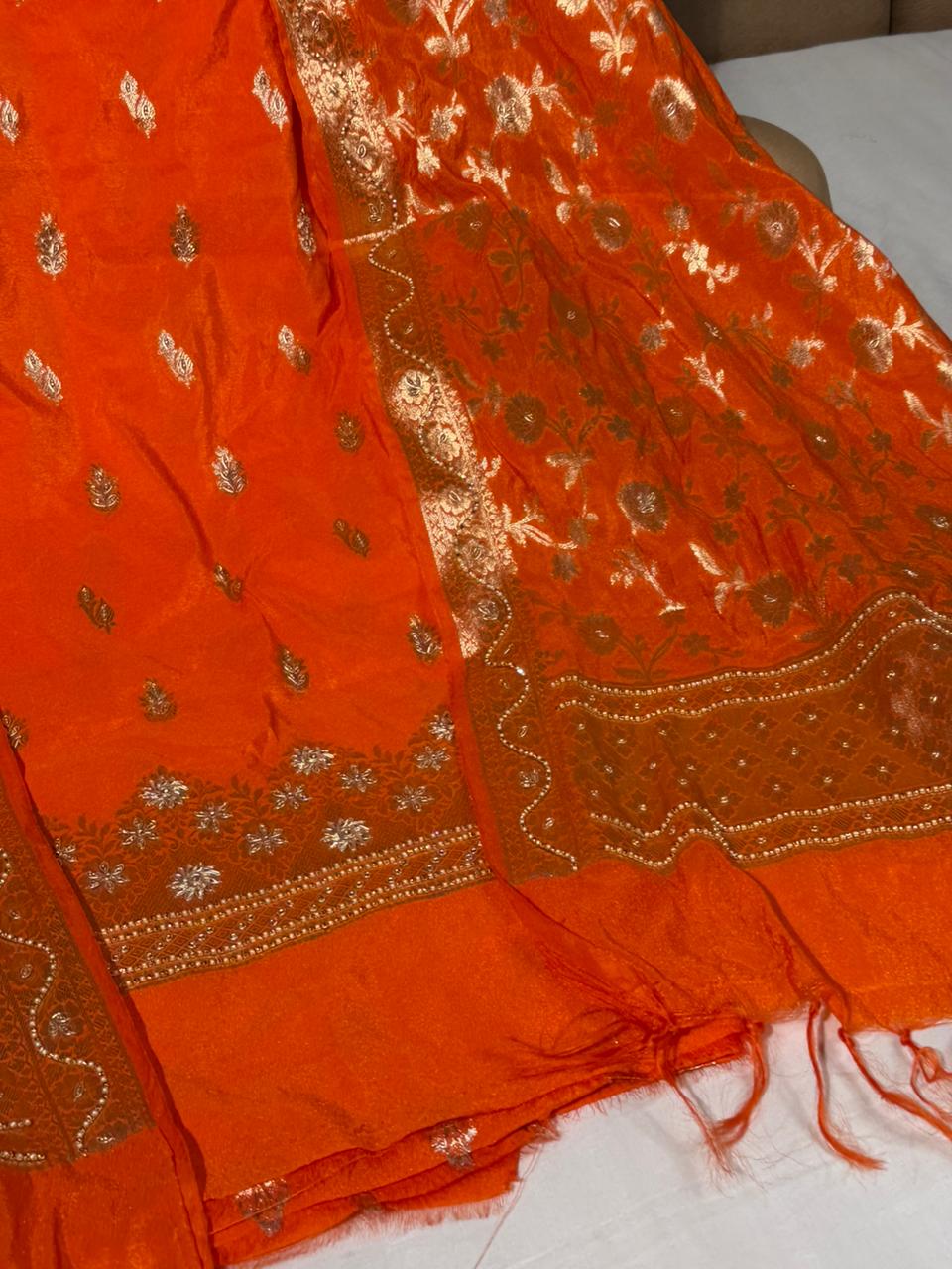 Bright Orange Chinia Silk Premium Handwork Suit