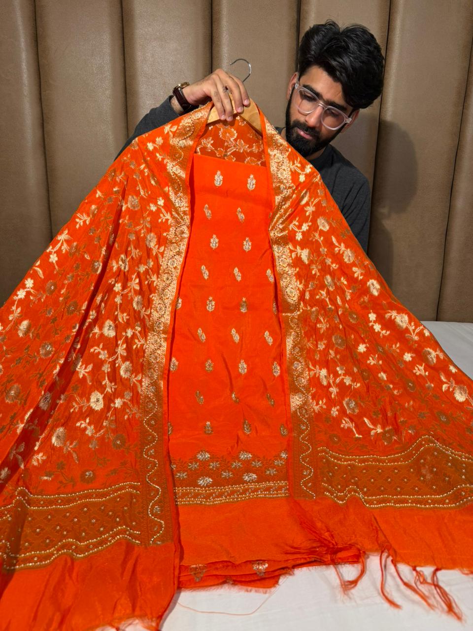 Bright Orange Chinia Silk Premium Handwork Suit