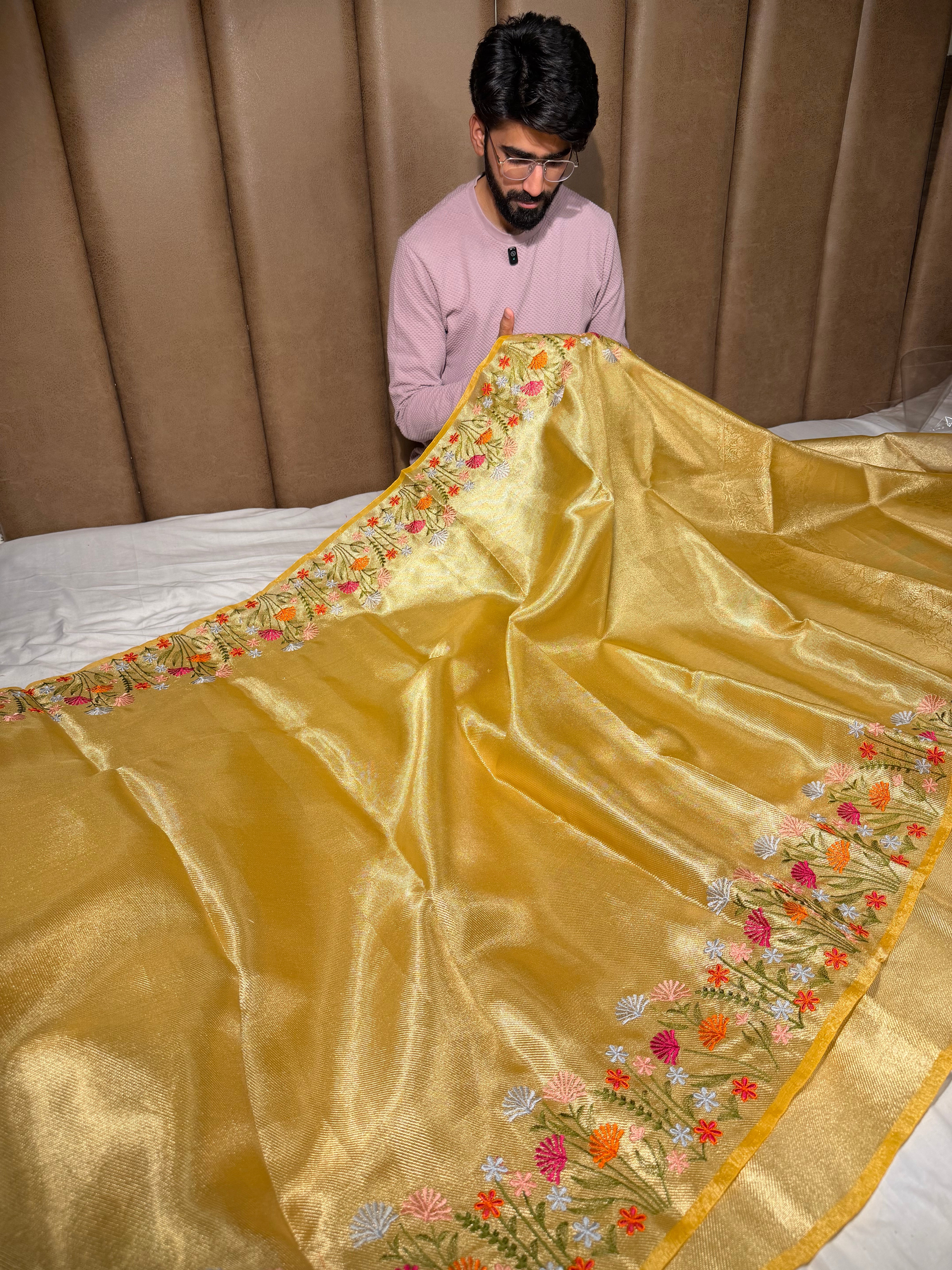 Bright Yellow Kanjivaram Brocade Tissue Silk Multicoloured Floral Embroidery Saree