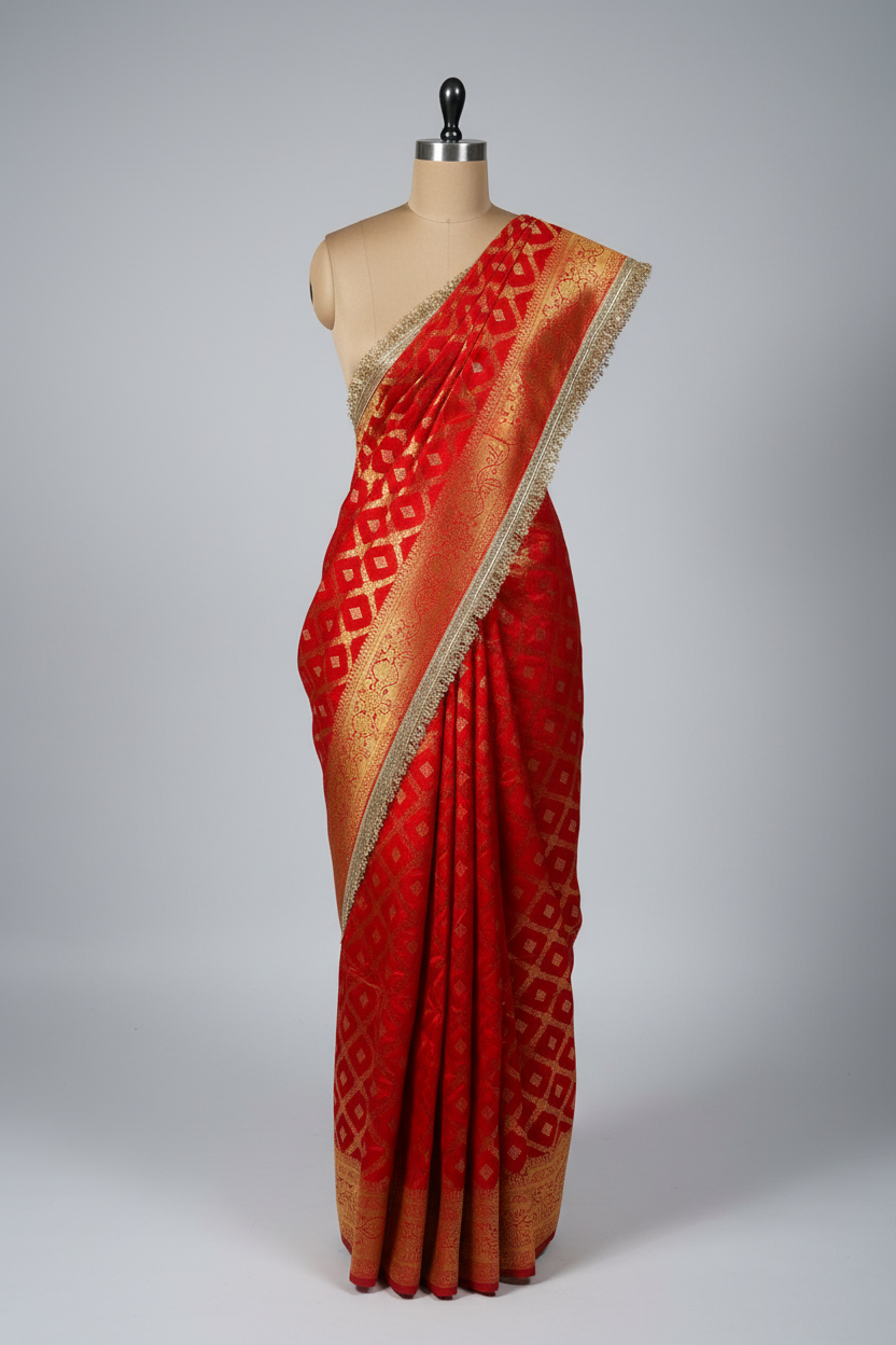 Bridal Red Chiniya Silk Lace Attached Banarasi Saree