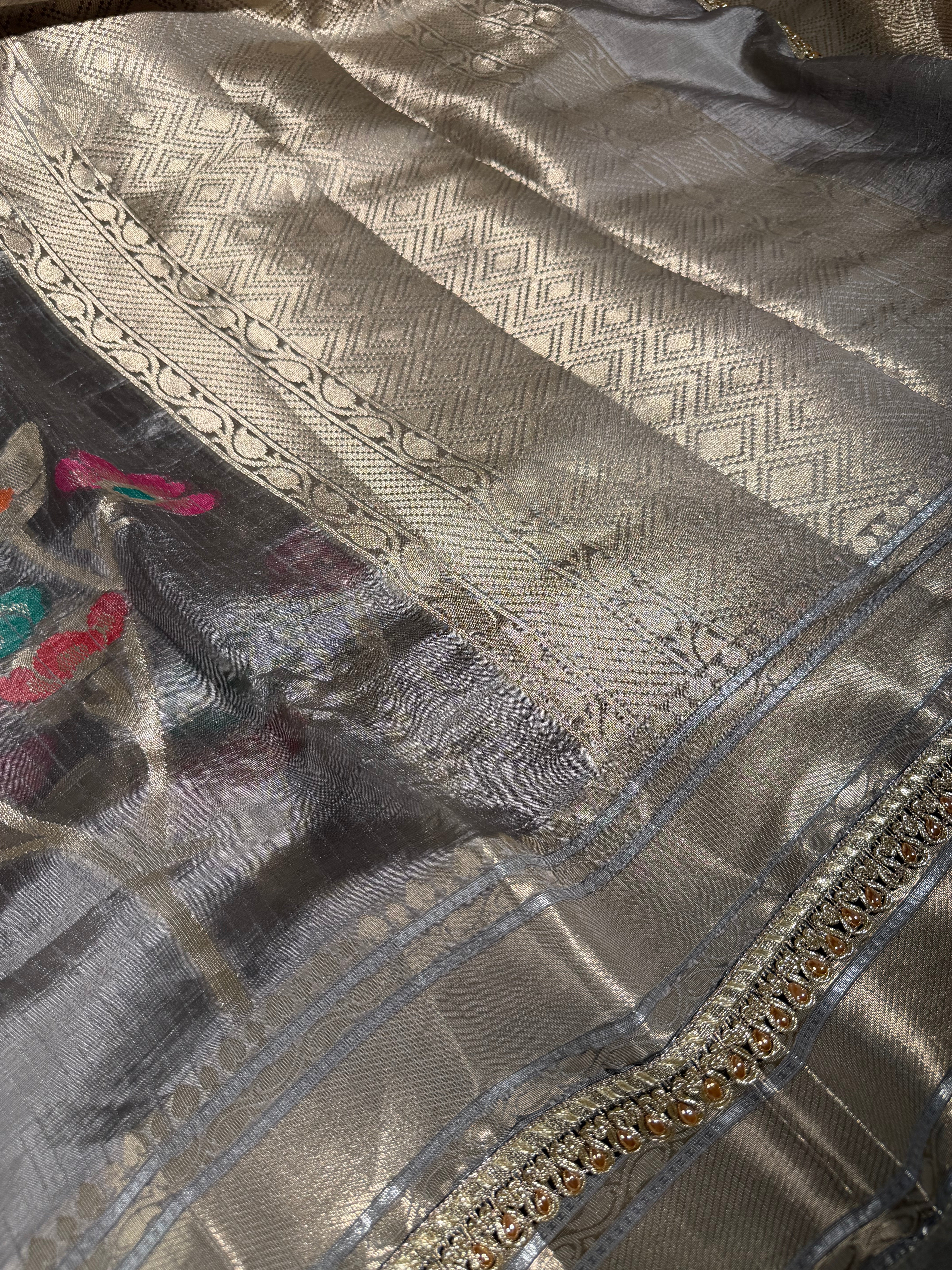 Rare Beige Dupion Silk Premium Designer Saree
