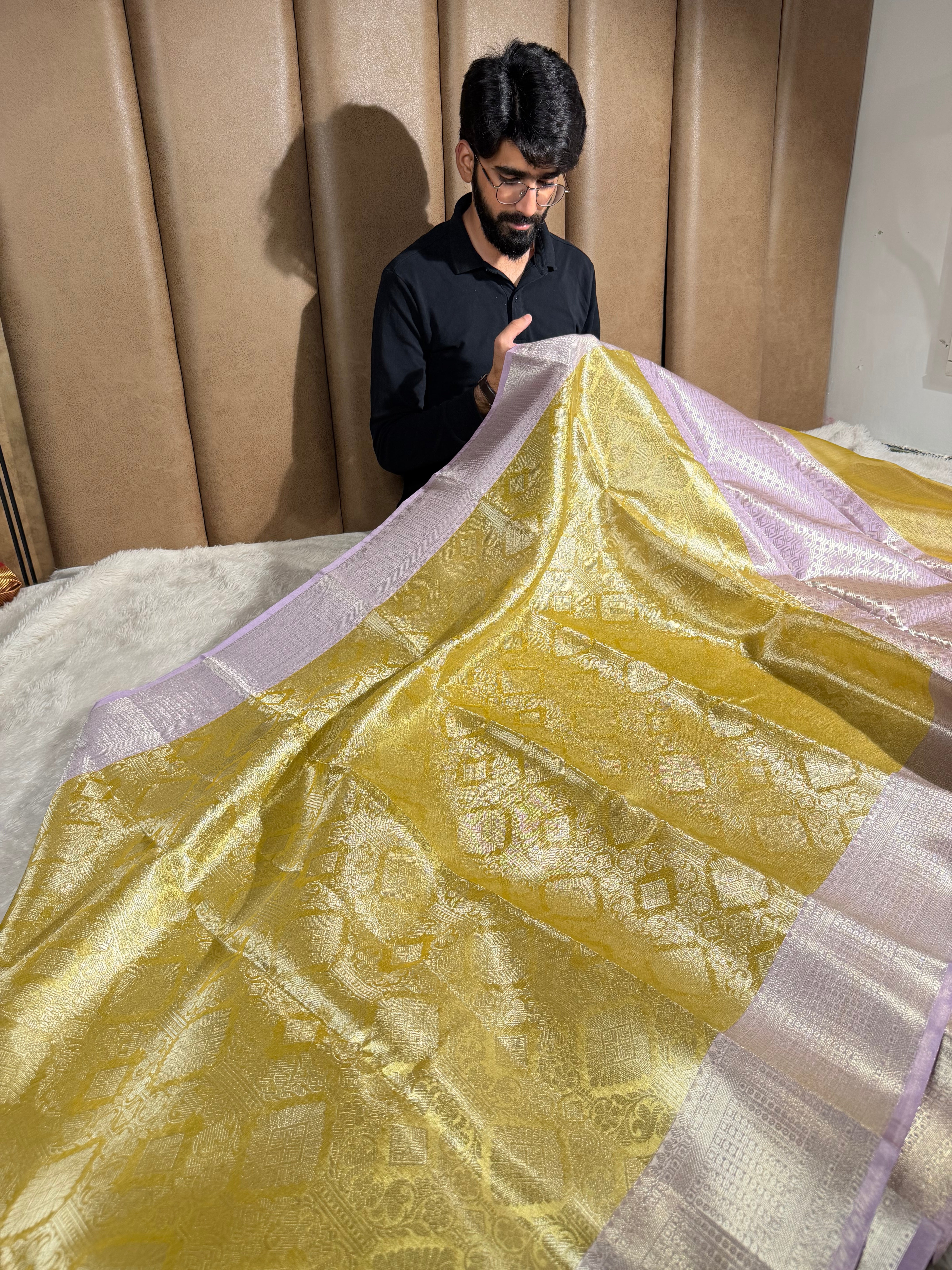Lemon Yellow Kanjivaram Embossed Tissue Saree