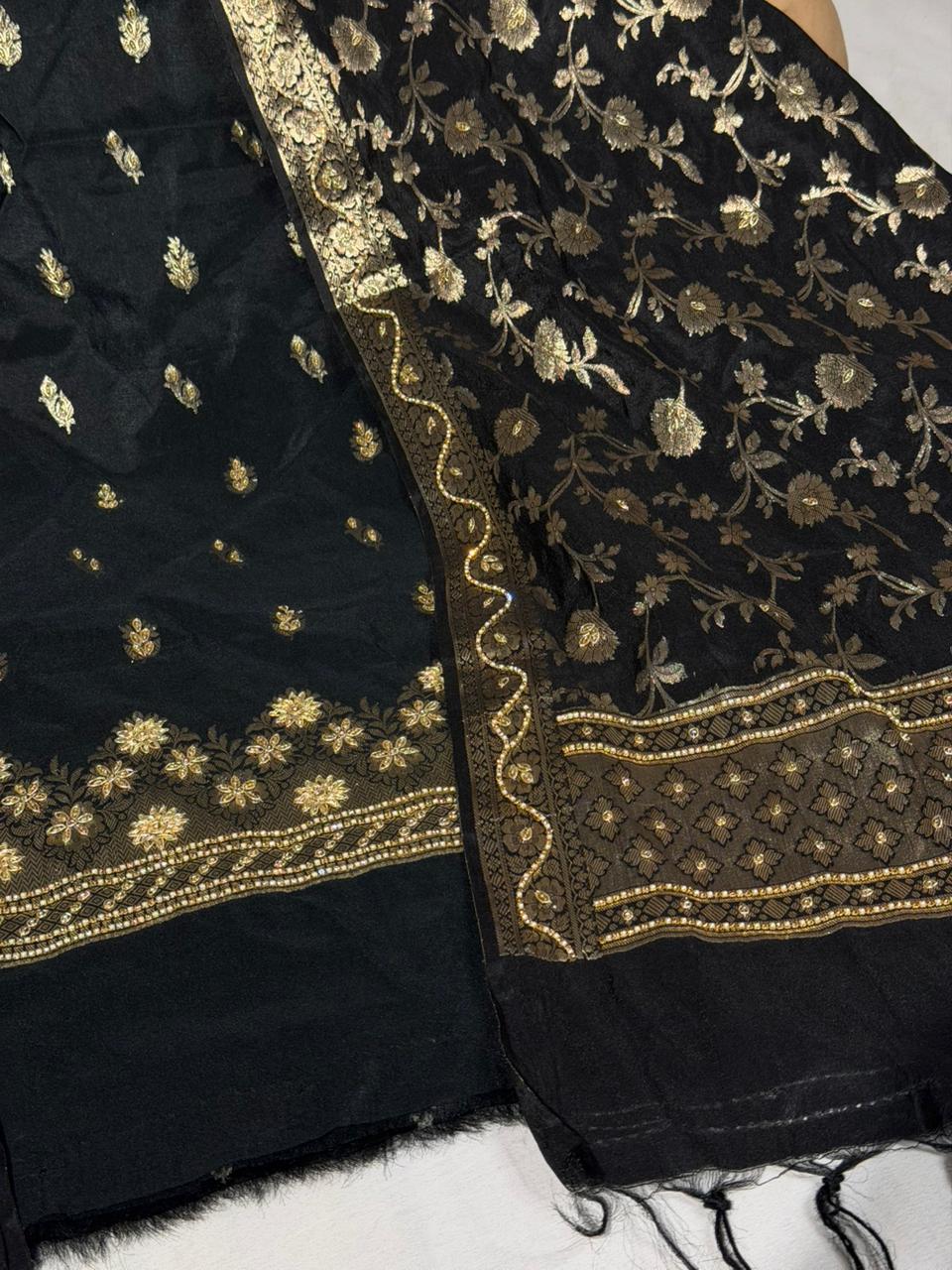 Jet Black Chinia Silk Premium Handwork Suit