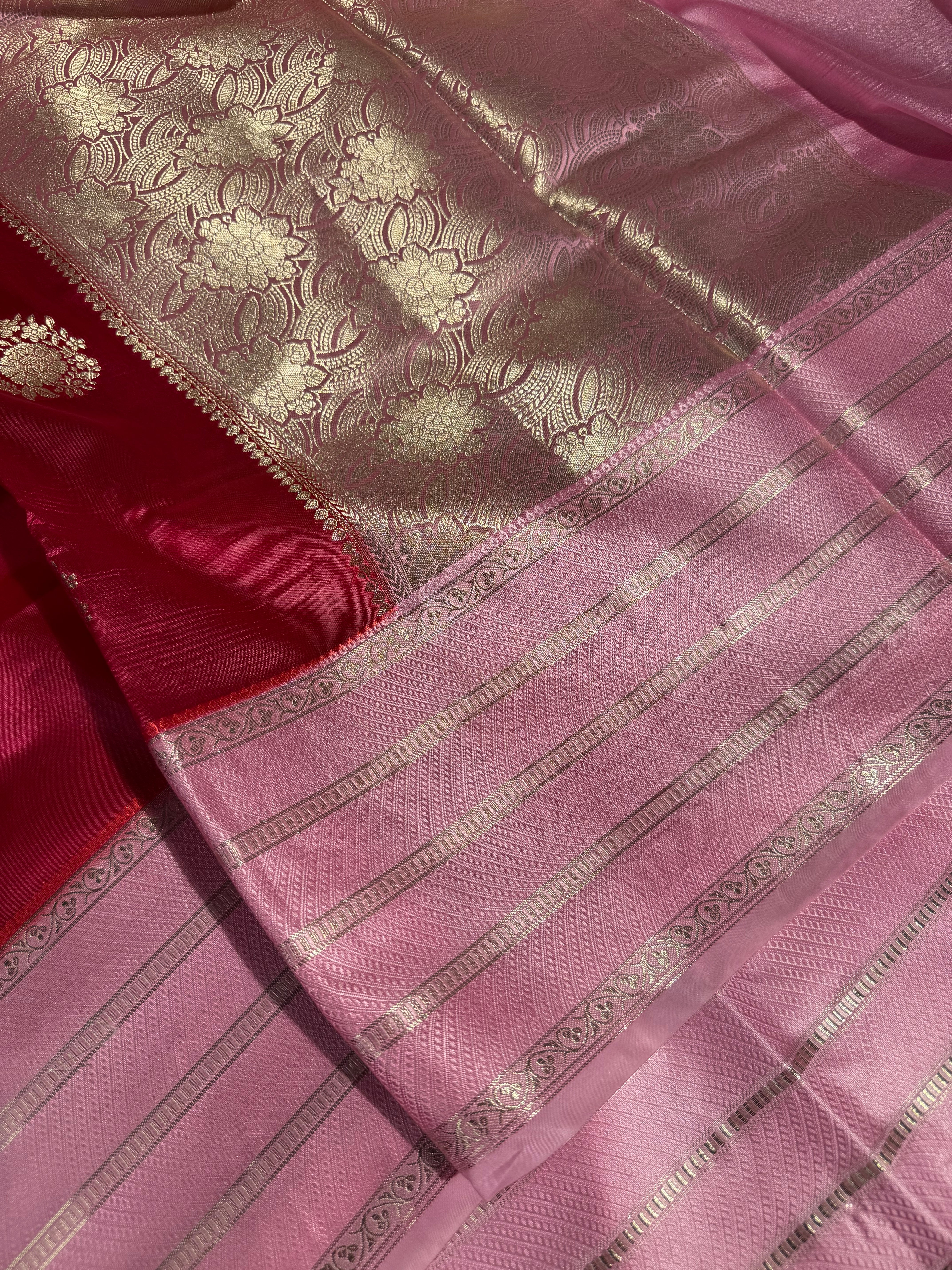 Rani Pink Contrast Raw Dupion Silk Banarasi Saree