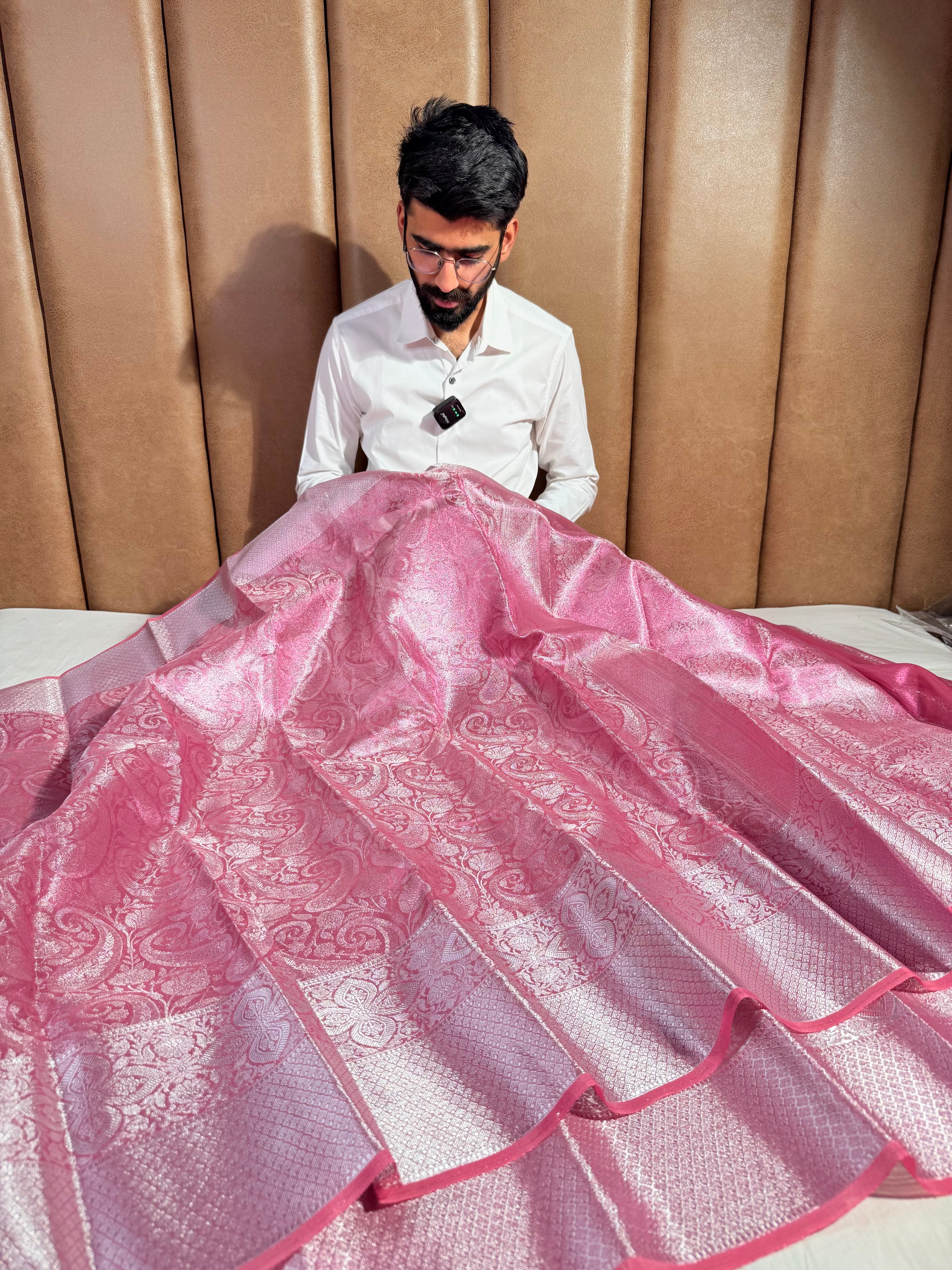 Metallic Pink Tissue Silk Floral Weave Saree